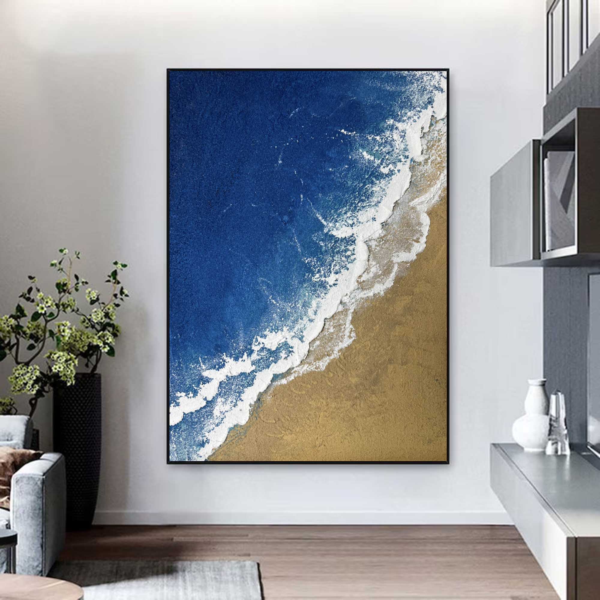 3D Minimalist Textured Ocean Painting Acrylic Framed Blue Beach Painting