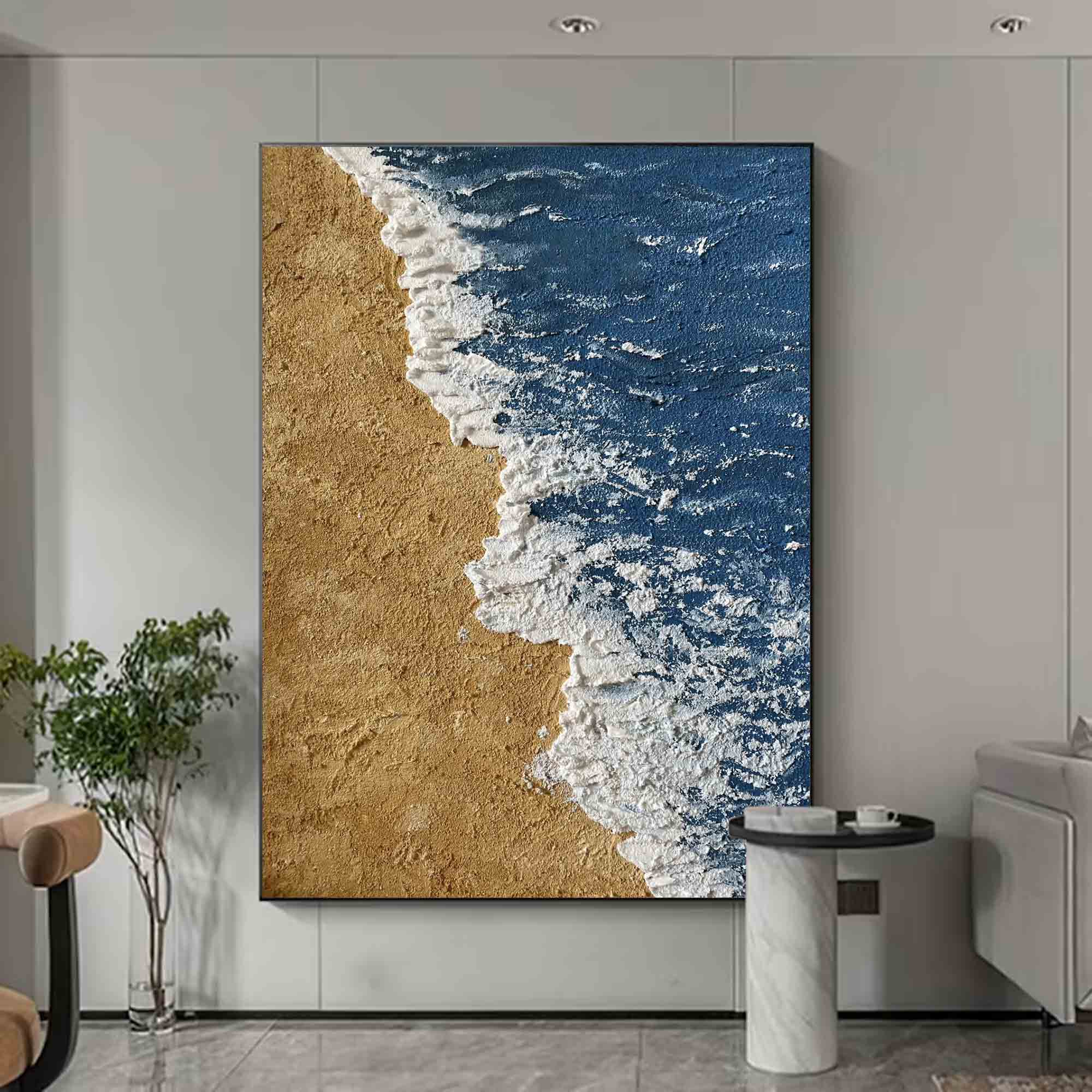 Large 3D Textured Coastal Wall Art Minimalist Blue abstract painting Beach Canvas Painting