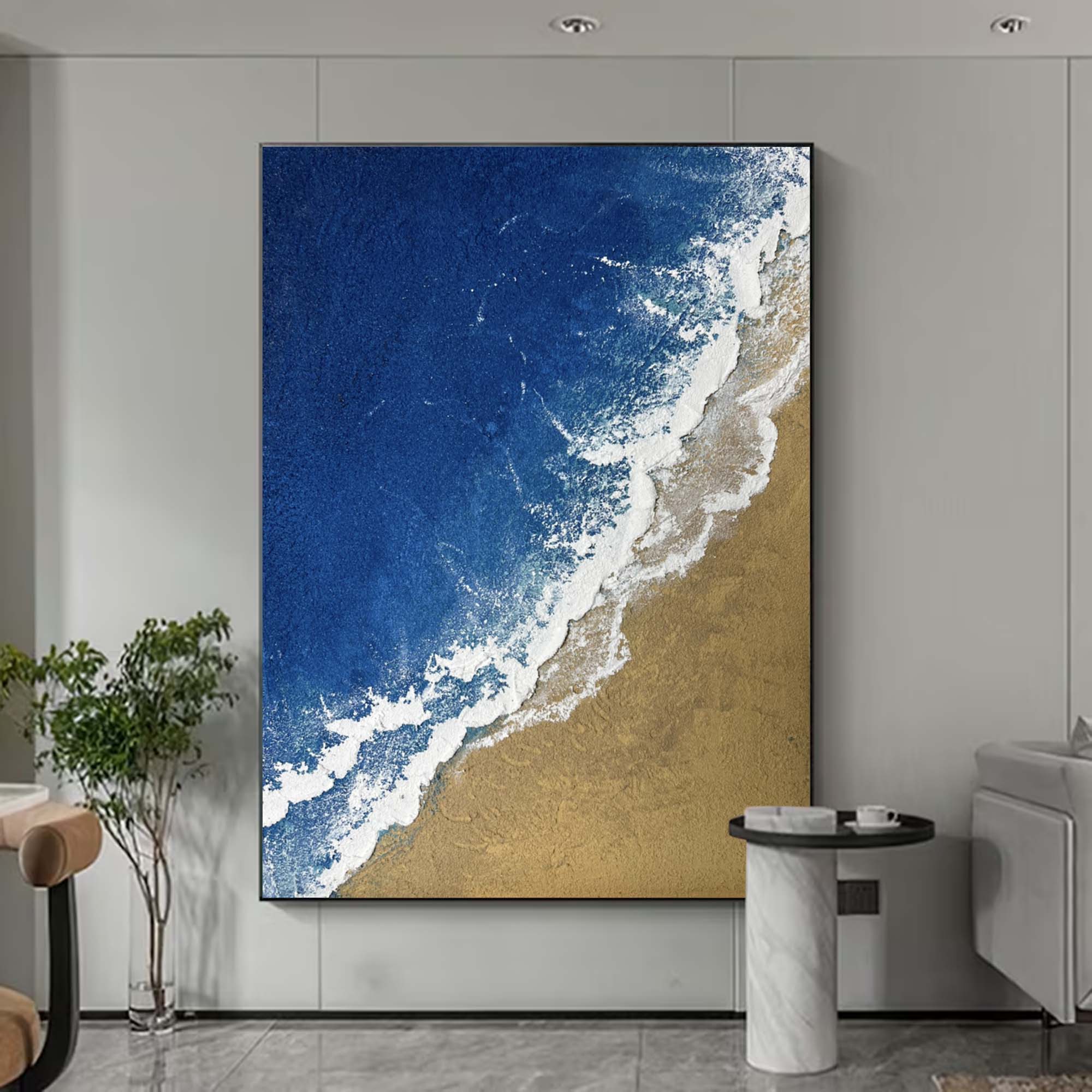 3D Minimalist Textured Ocean Painting Acrylic Framed Blue Beach Painting