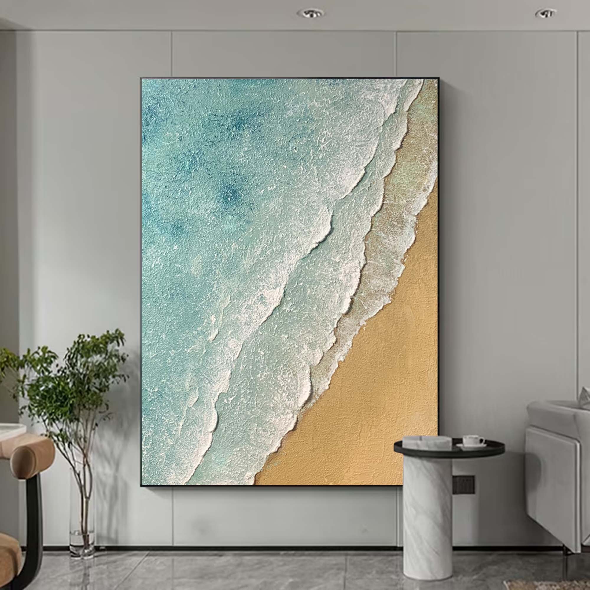 3D Minimalist Textured Coastal Wall Art Abstract Green Beach Painting 3D Ocean Wave Green Texture Oil Painting