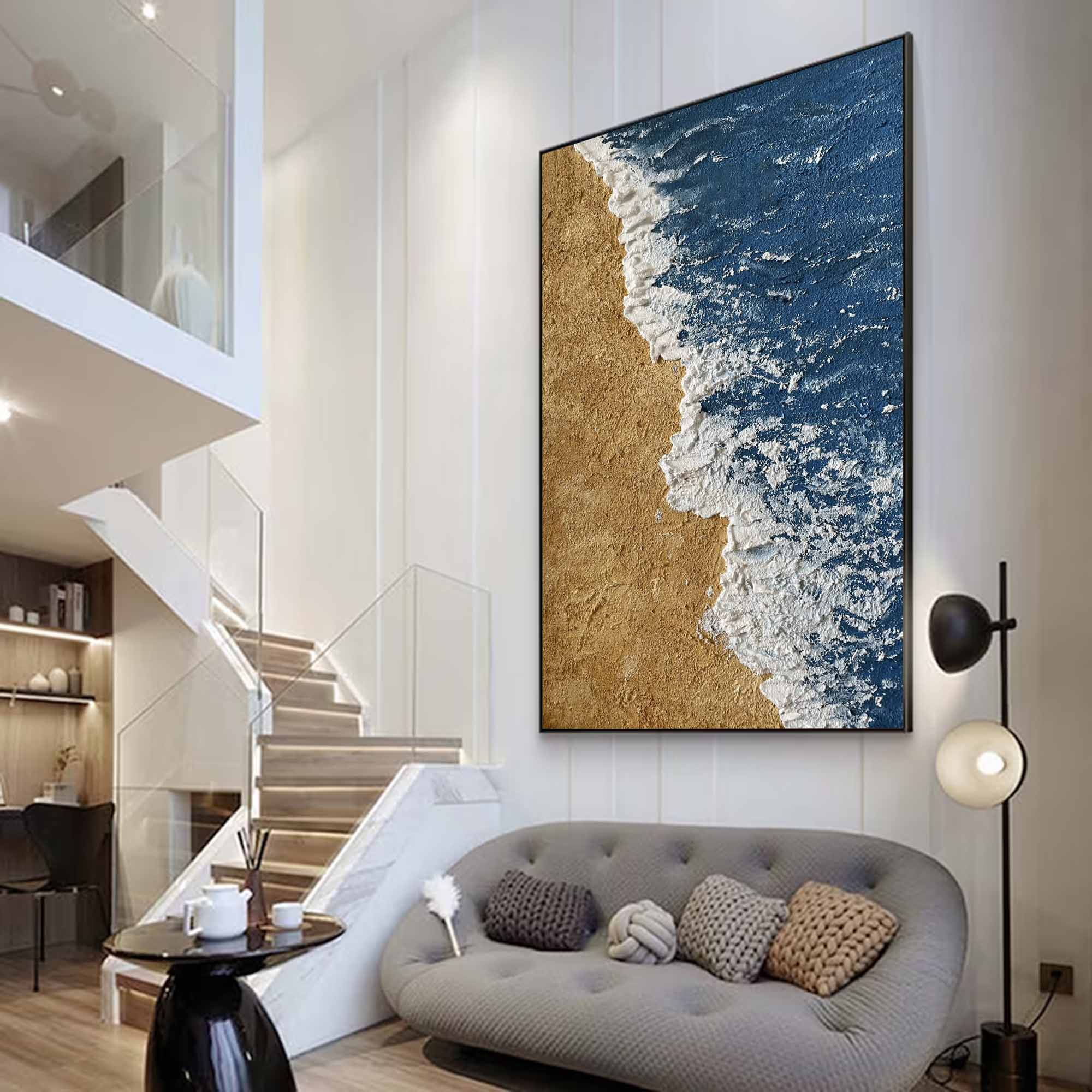 Large 3D Textured Coastal Wall Art Minimalist Blue abstract painting Beach Canvas Painting
