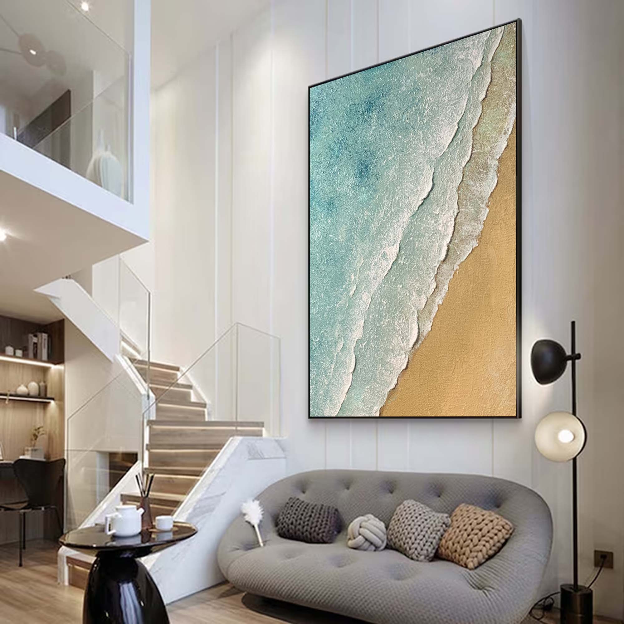 3D Minimalist Textured Coastal Wall Art Abstract Green Beach Painting 3D Ocean Wave Green Texture Oil Painting