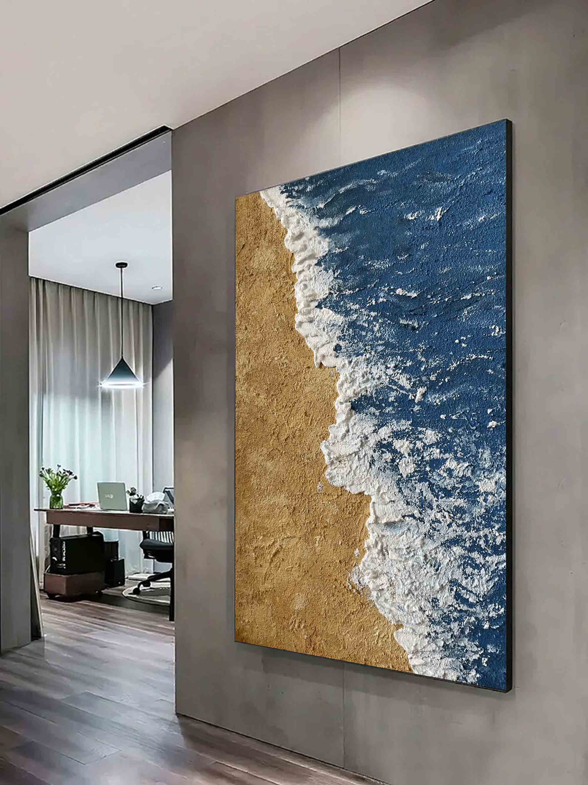 Large 3D Textured Coastal Wall Art Minimalist Blue abstract painting Beach Canvas Painting