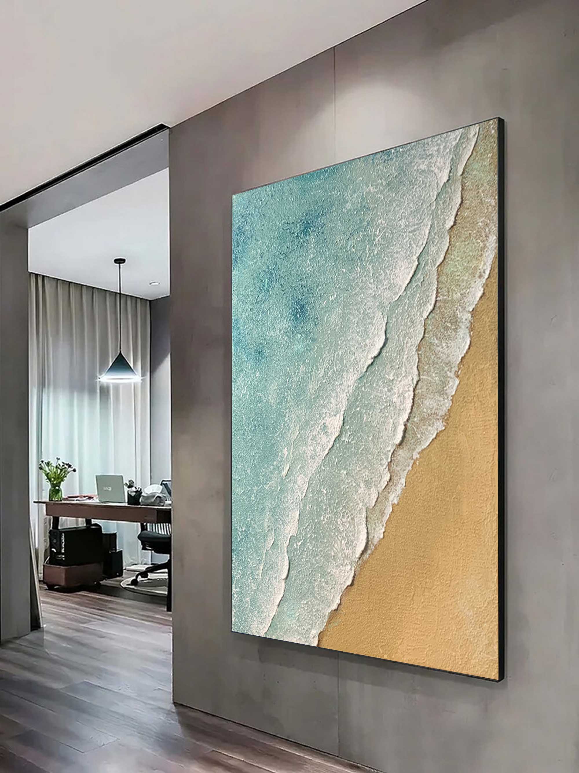 3D Minimalist Textured Coastal Wall Art Abstract Green Beach Painting 3D Ocean Wave Green Texture Oil Painting