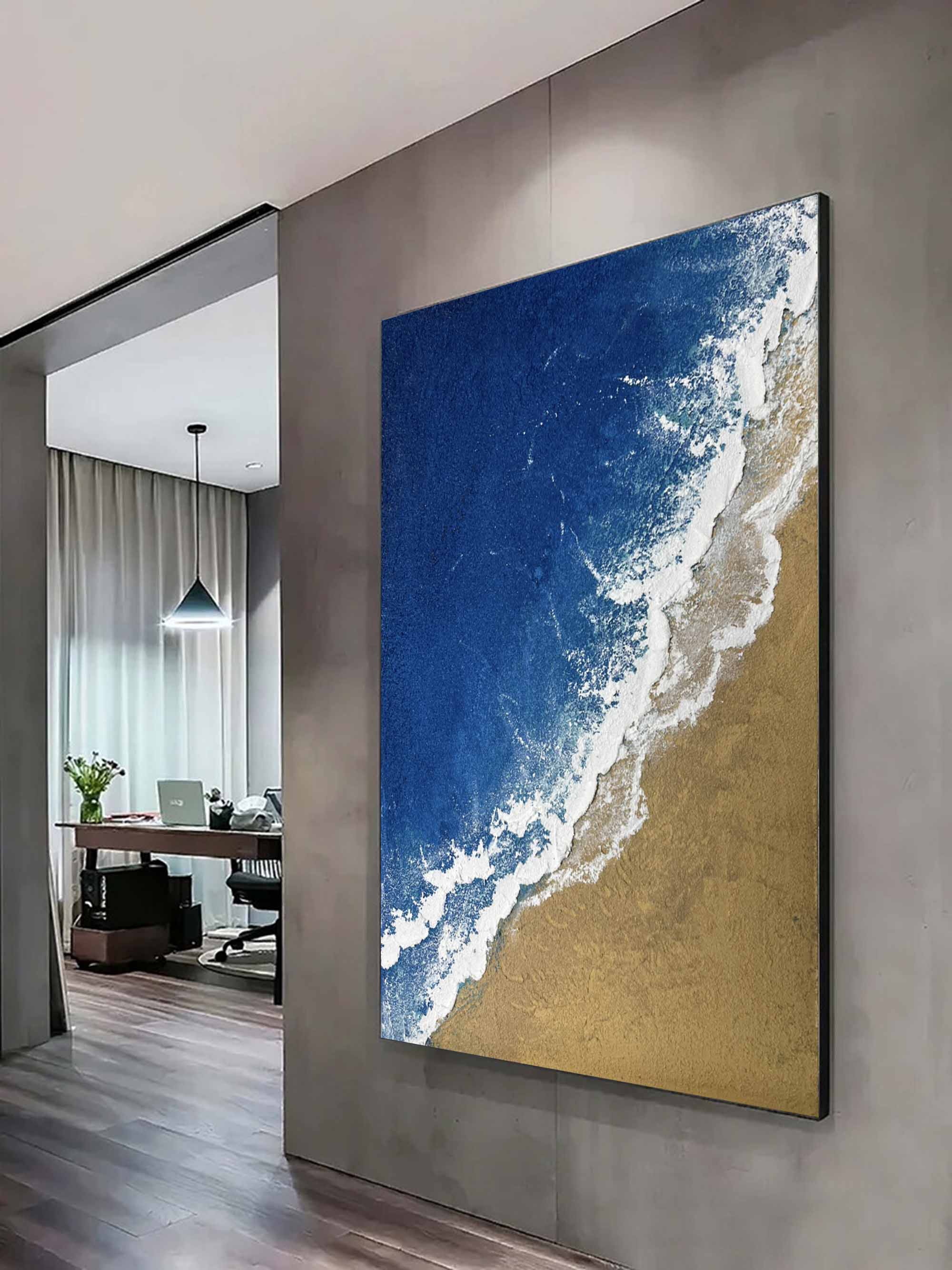 3D Minimalist Textured Ocean Painting Acrylic Framed Blue Beach Painting