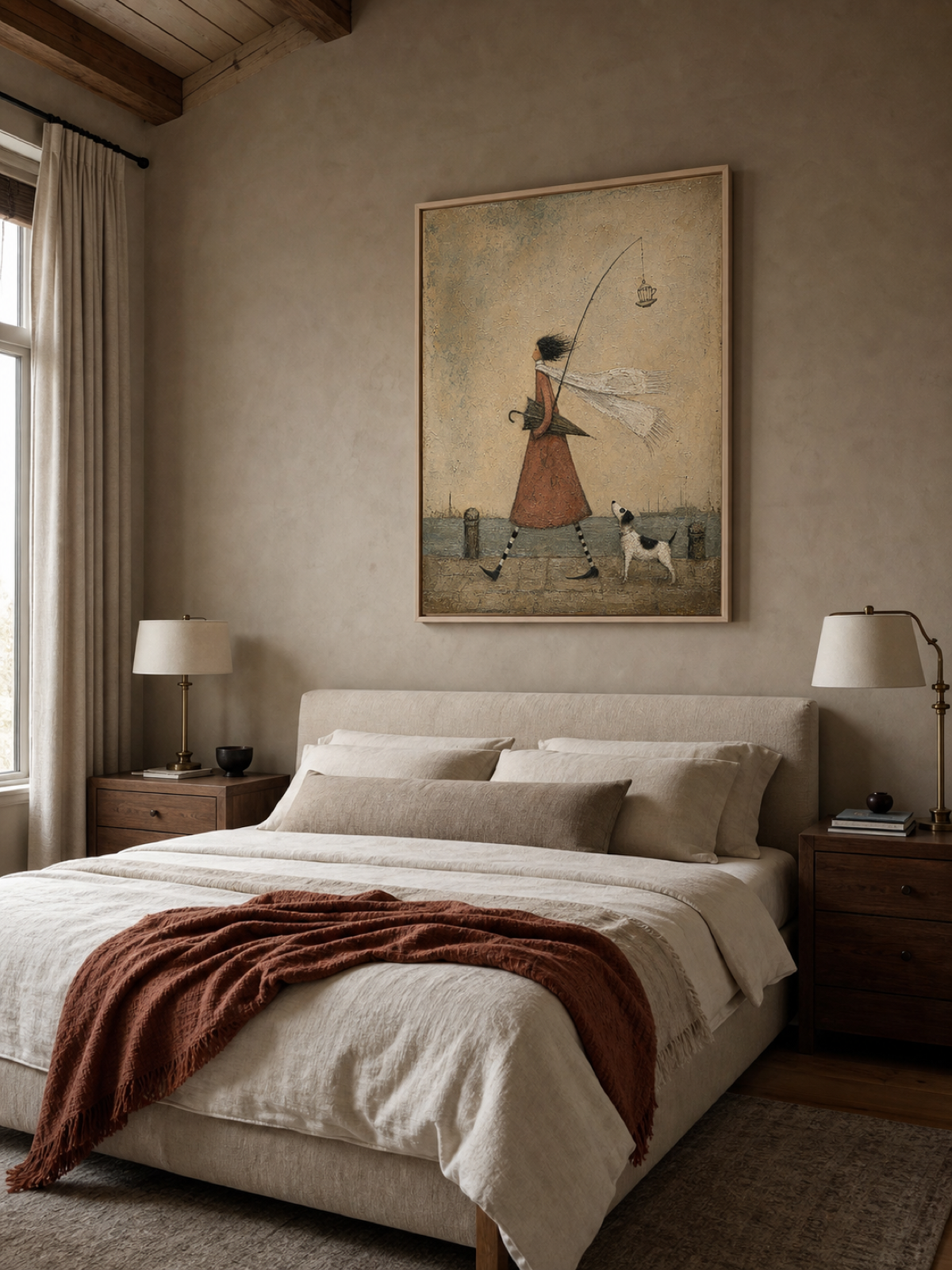 Whimsical Coastal Girl With Dog Painting Original Art For Living Room Decor