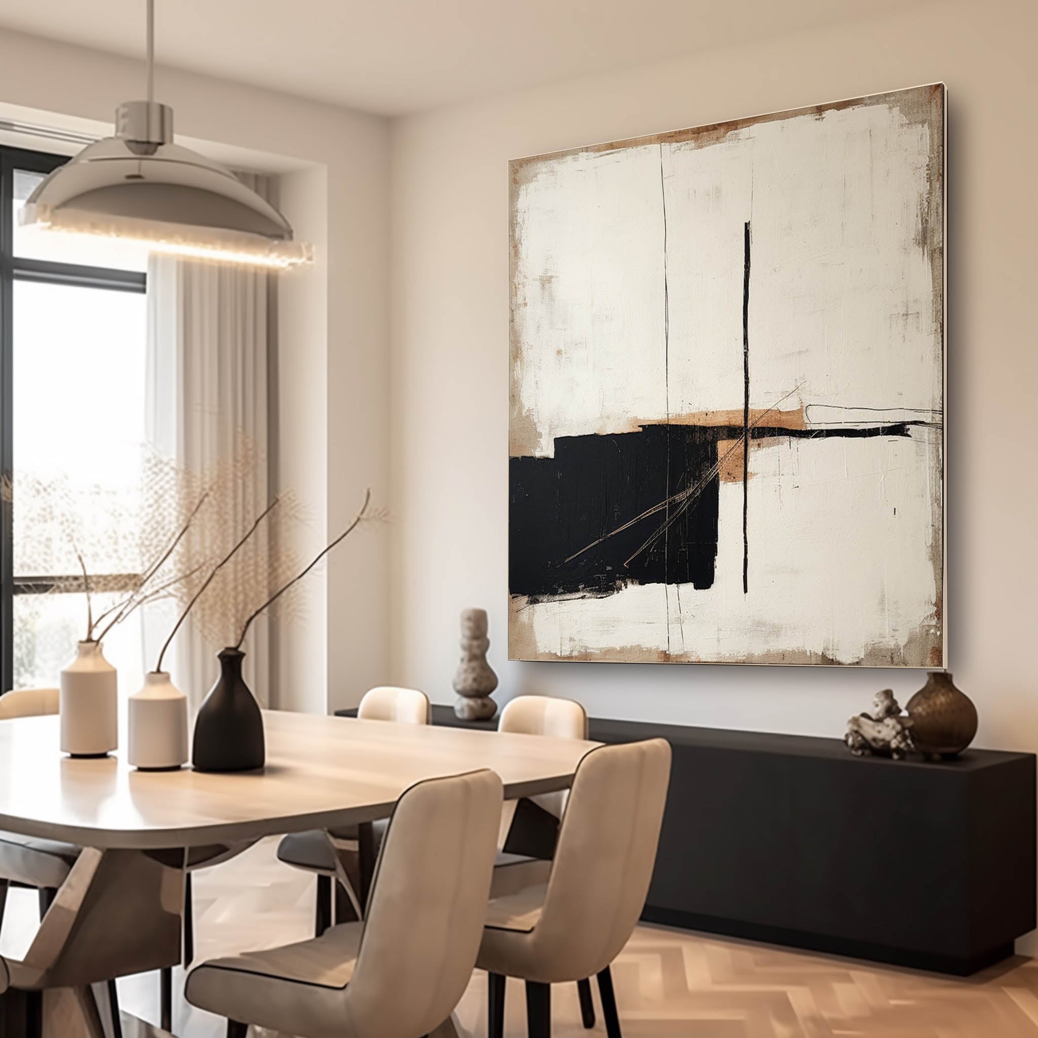 Minimalist Square Wall Art Black And Brown Abstract Wall Art Original Beige And Black Abstract Painting