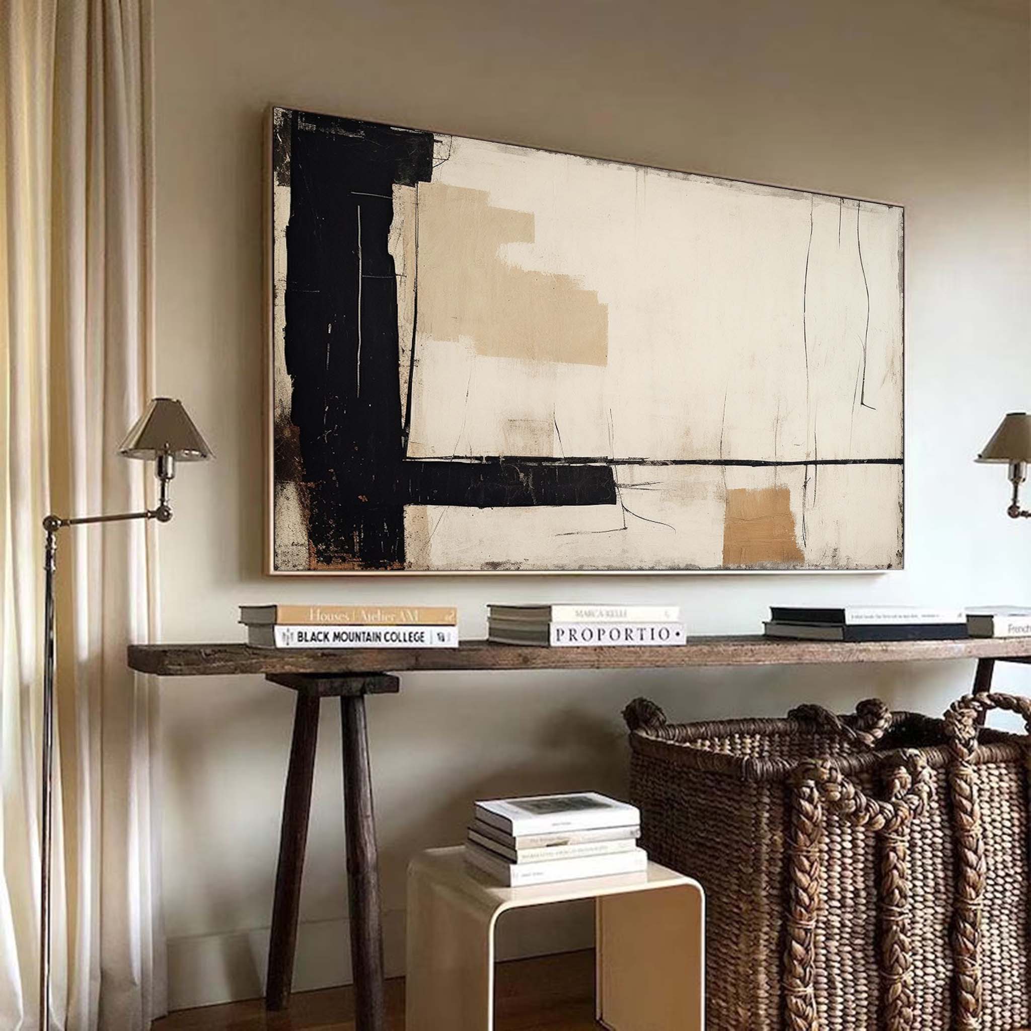Neutral Beige & Black Painting On Canvas Large Beige Abstract Minimalist Painting Black Beige Wall Art