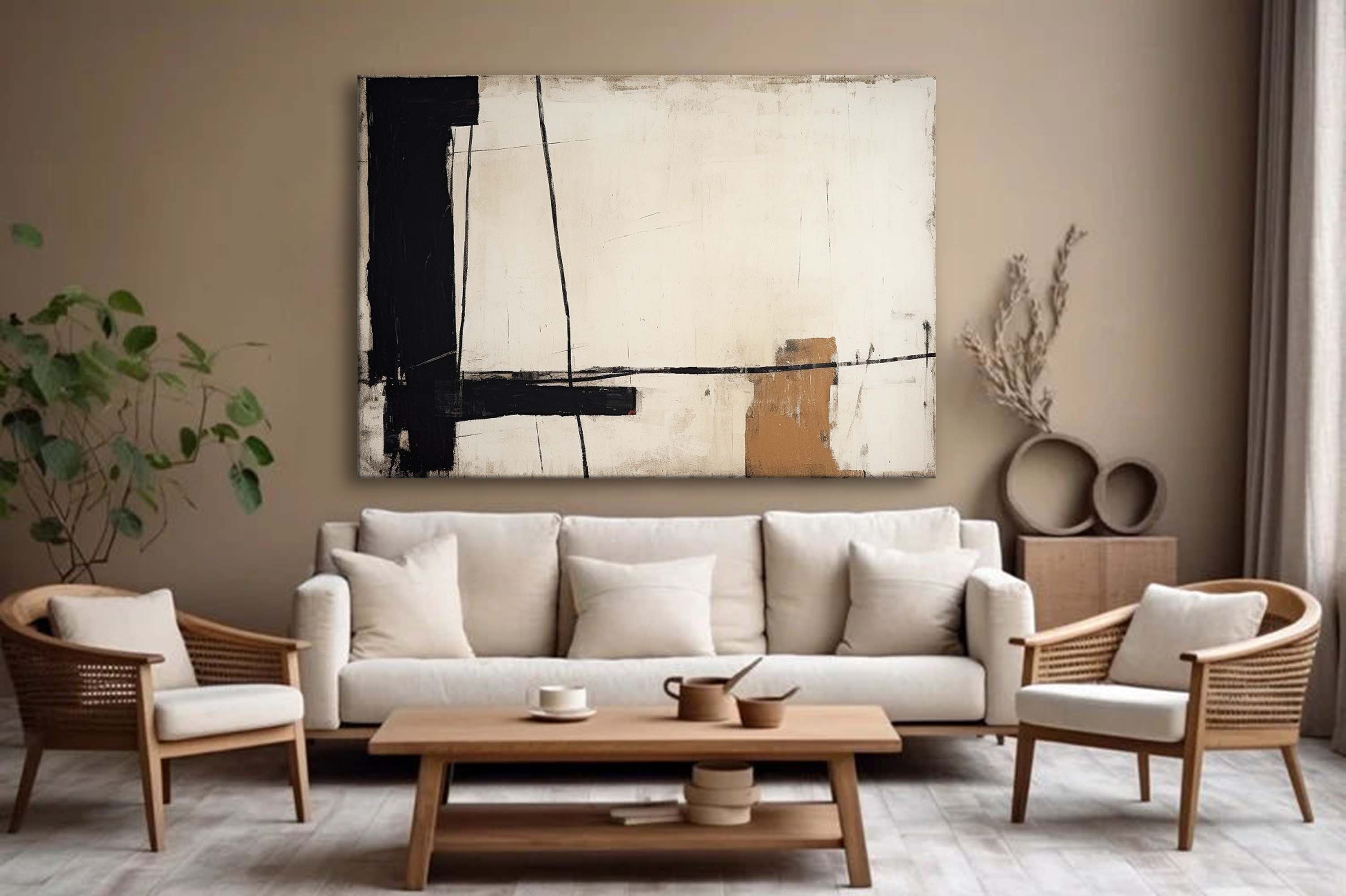Large Black Beige Wall Painting Beige Black Minimalist Painting Beige Wabi Sabi Wall Art