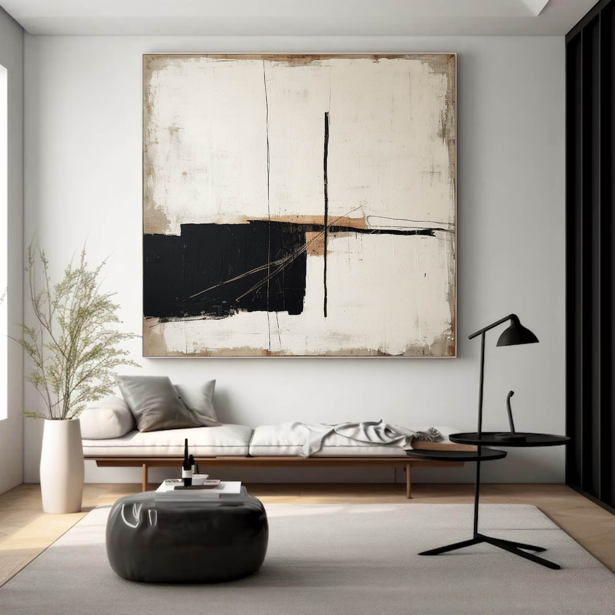 Minimalist Square Wall Art Black And Brown Abstract Wall Art Original Beige And Black Abstract Painting