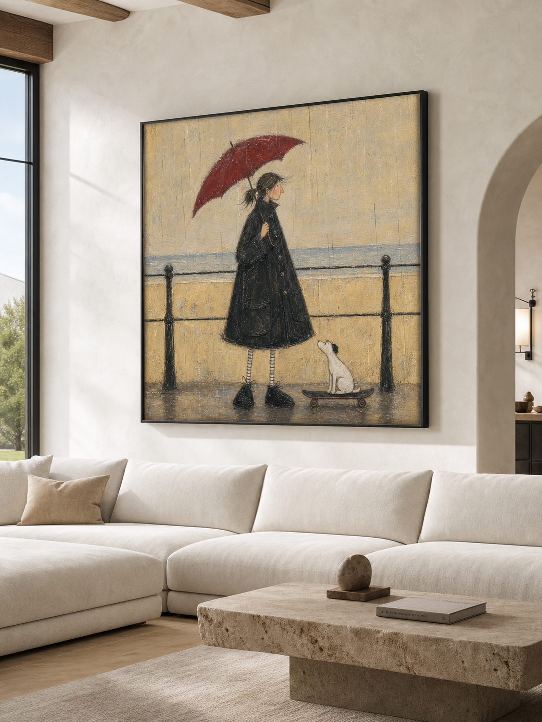 Large Minimalist Art Rainy Day Woman With Red Umbrella Framed Oil Painting