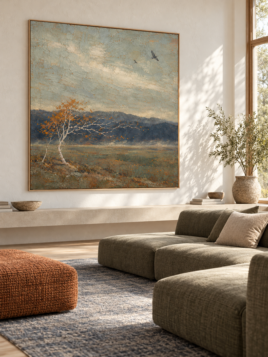 Neutral Windswept Tree And Birds Canvas Art For Quiet Modern Bedroom Decor