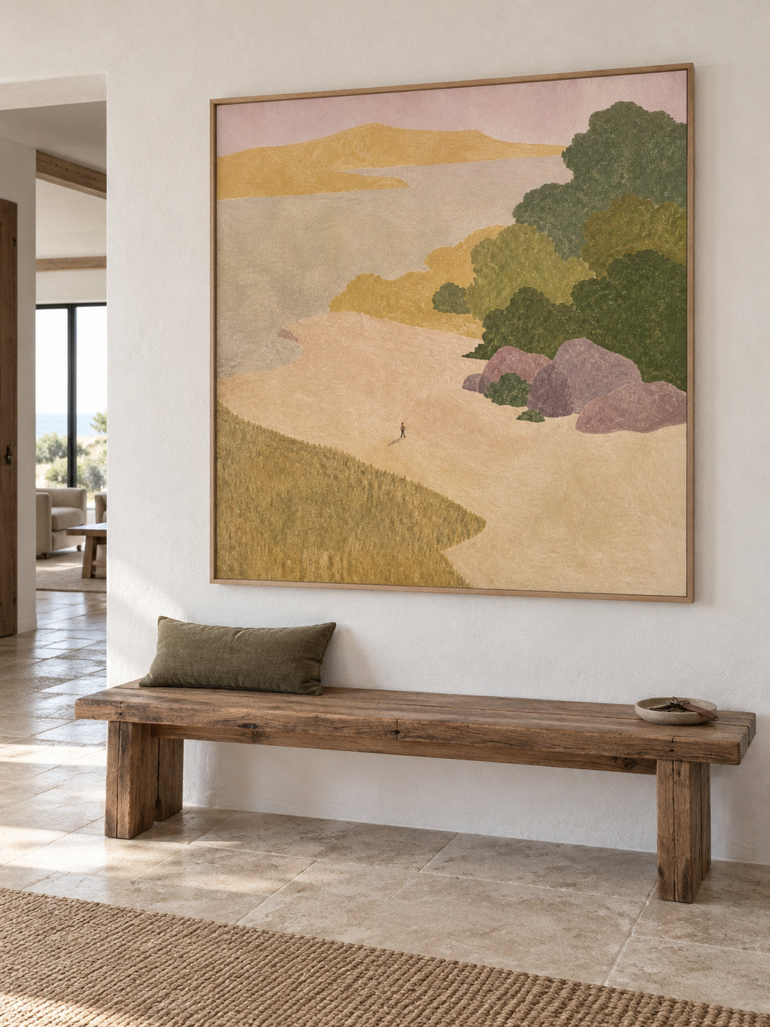Large Hand Painted Minimalist Coastal Cove With A Tiny Figure Living Room Wall Art