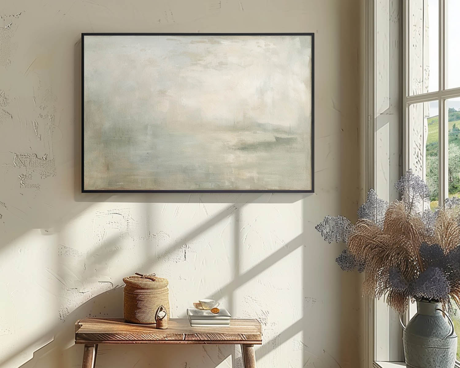 Vintage Rustic Lake Neutral Wall Art Antique River Landscape Painting Vintage Country Lake Painting