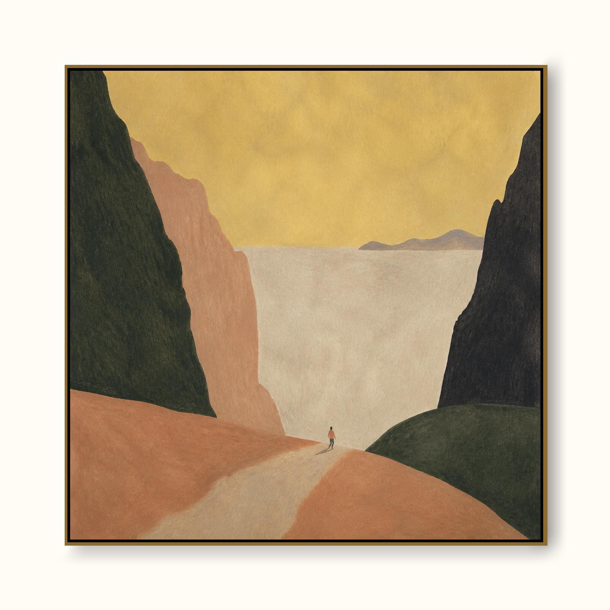 Golden Sky And Dark Green Cliffs With A Lone Wanderer Contemporary Oil Painting