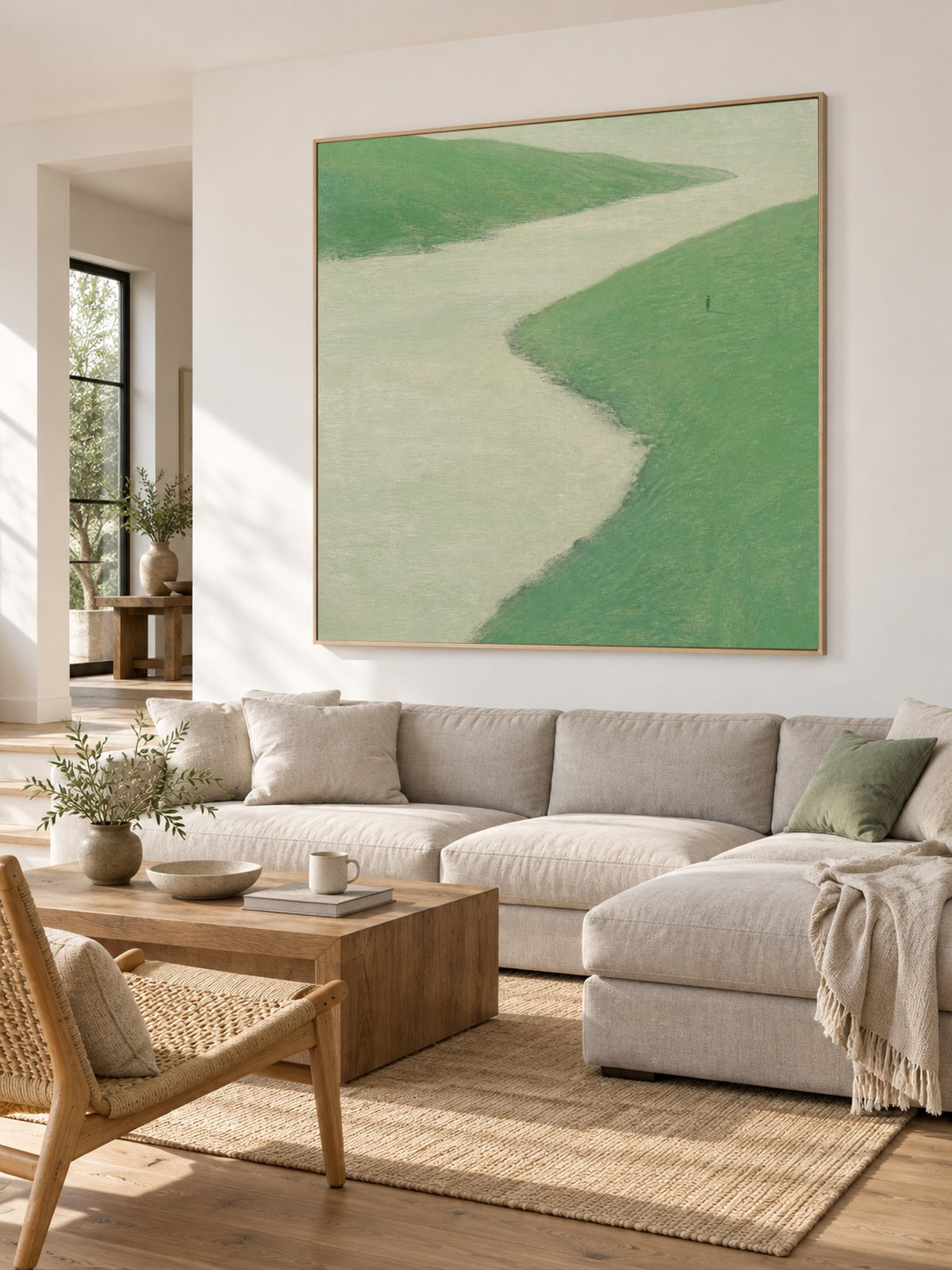 Fresh Green River Bend Canvas Art With Lone Figure For Calm Bedroom Decor