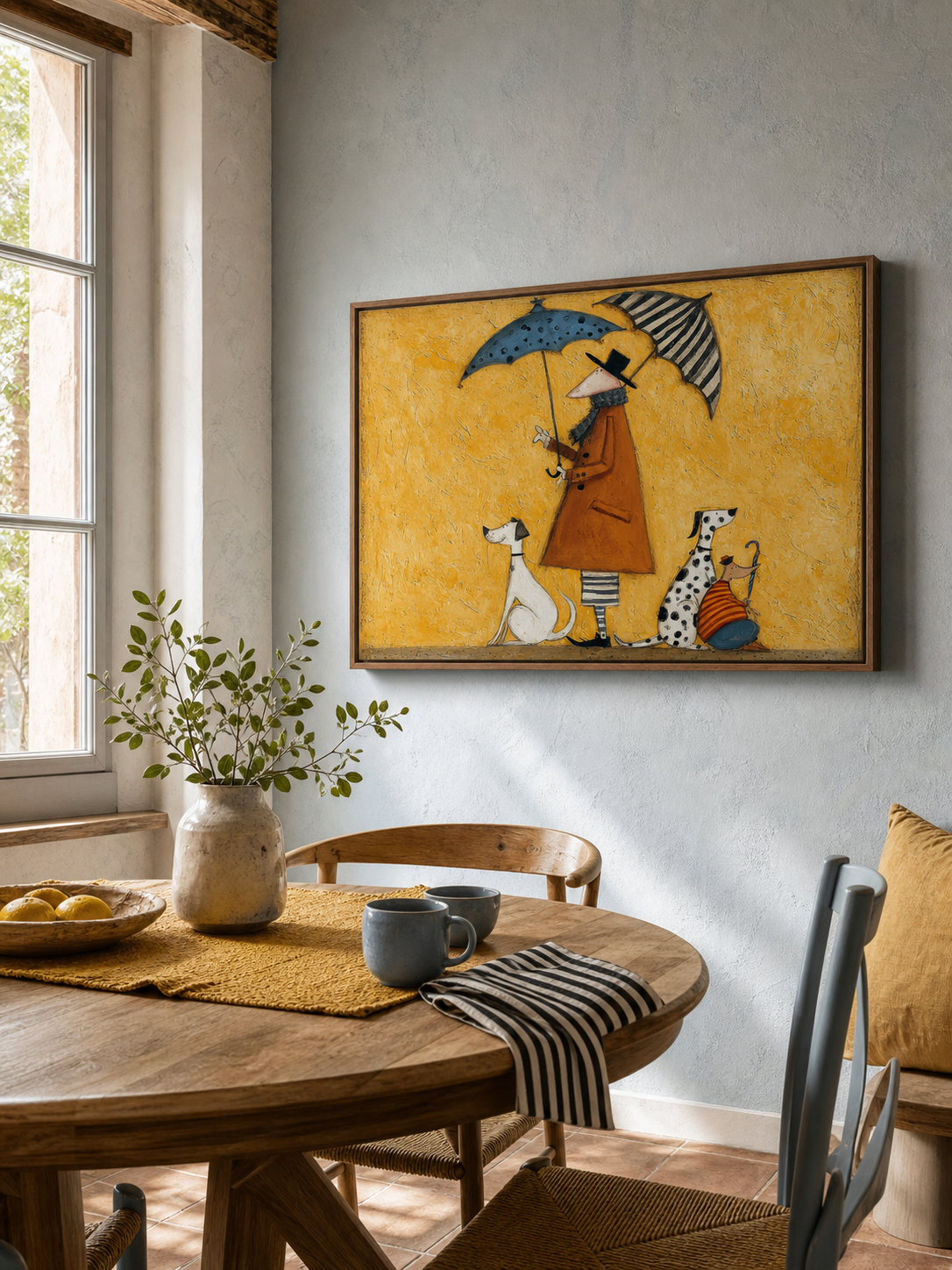 Whimsical Abstract Figure With Dogs Under Umbrellas Original Oil Painting On Linen Canvas For Eclectic Interior Decor