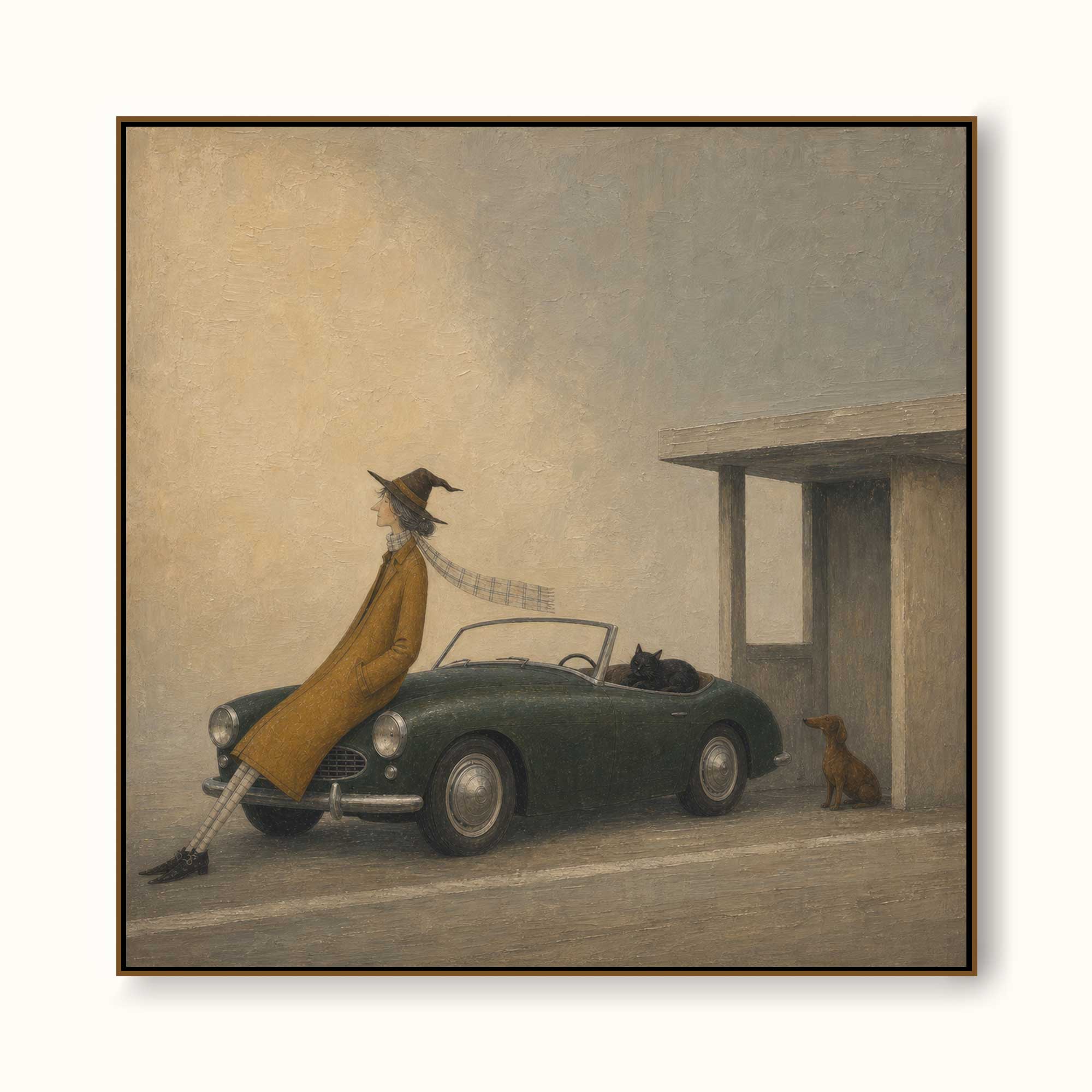 Vintage Car Painting With Woman And Pets Nostalgic Square Art For Home Decor