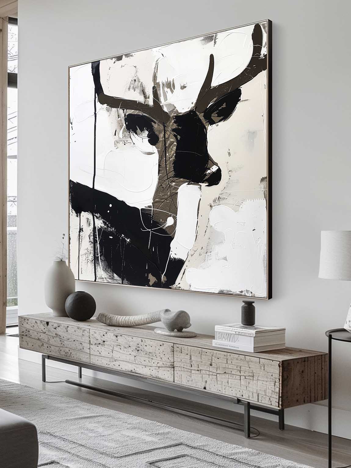 Vintage Black And White Stag Canvas Art Large Abstract Minimalist Deer Painting Deer Home Decor