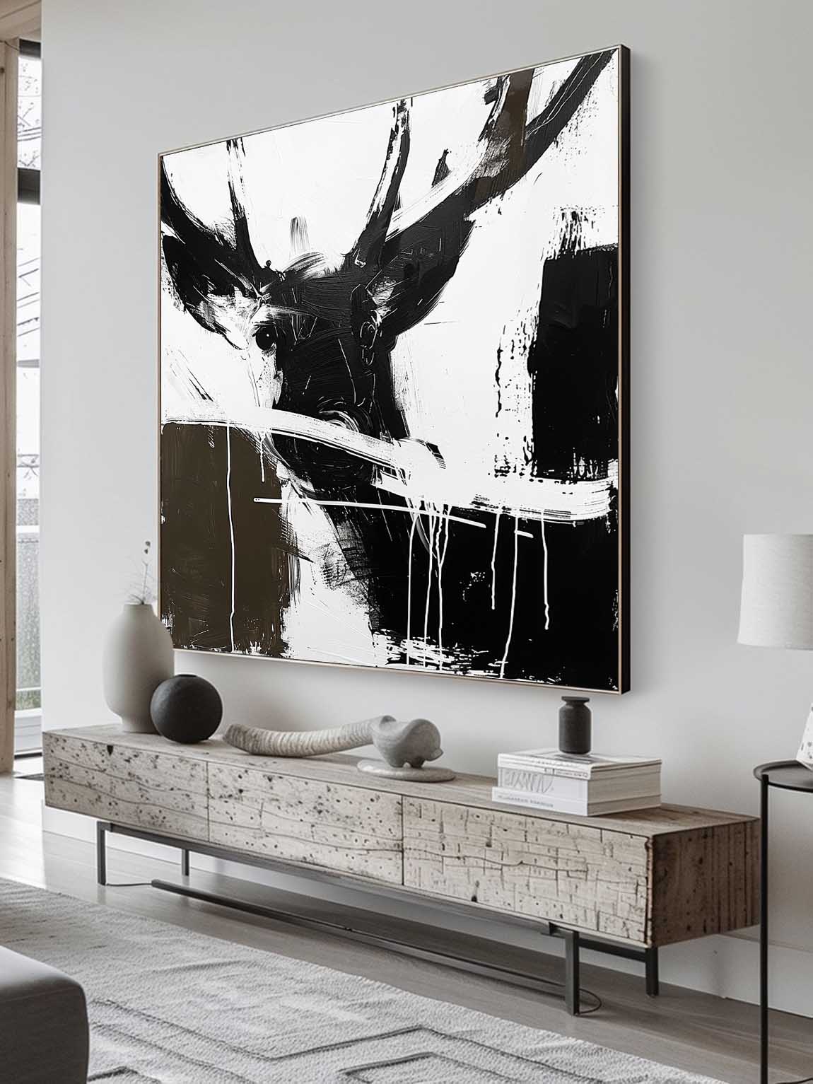 Large Black and White Deer Painting Retro Large Deer Canvas Art Retro Minimalist Deer Canvas Large Wall Decor