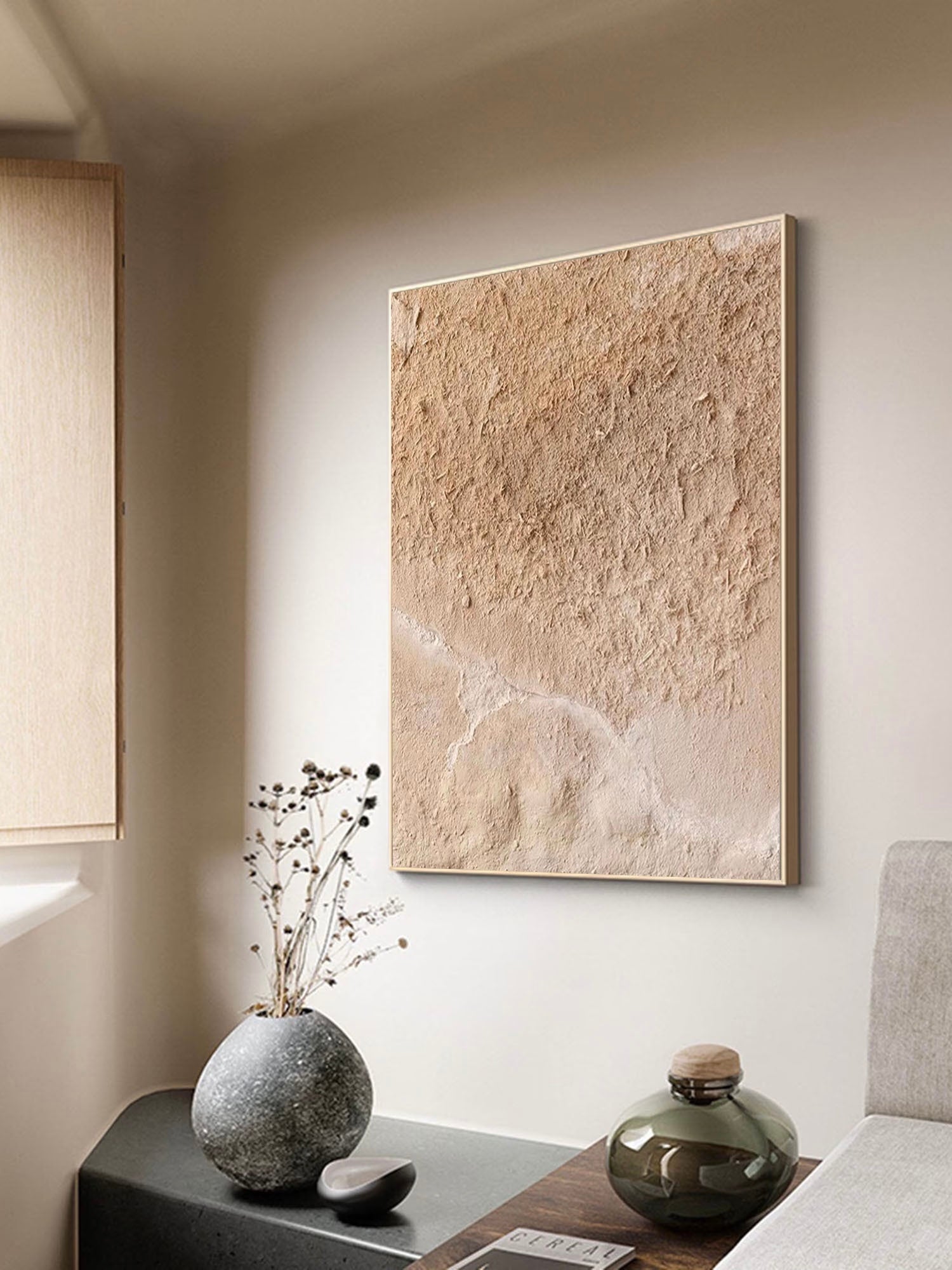 Large Textured Minimalist Abstract Canvas Painting Beige Minimalist Wall Art For Living Room