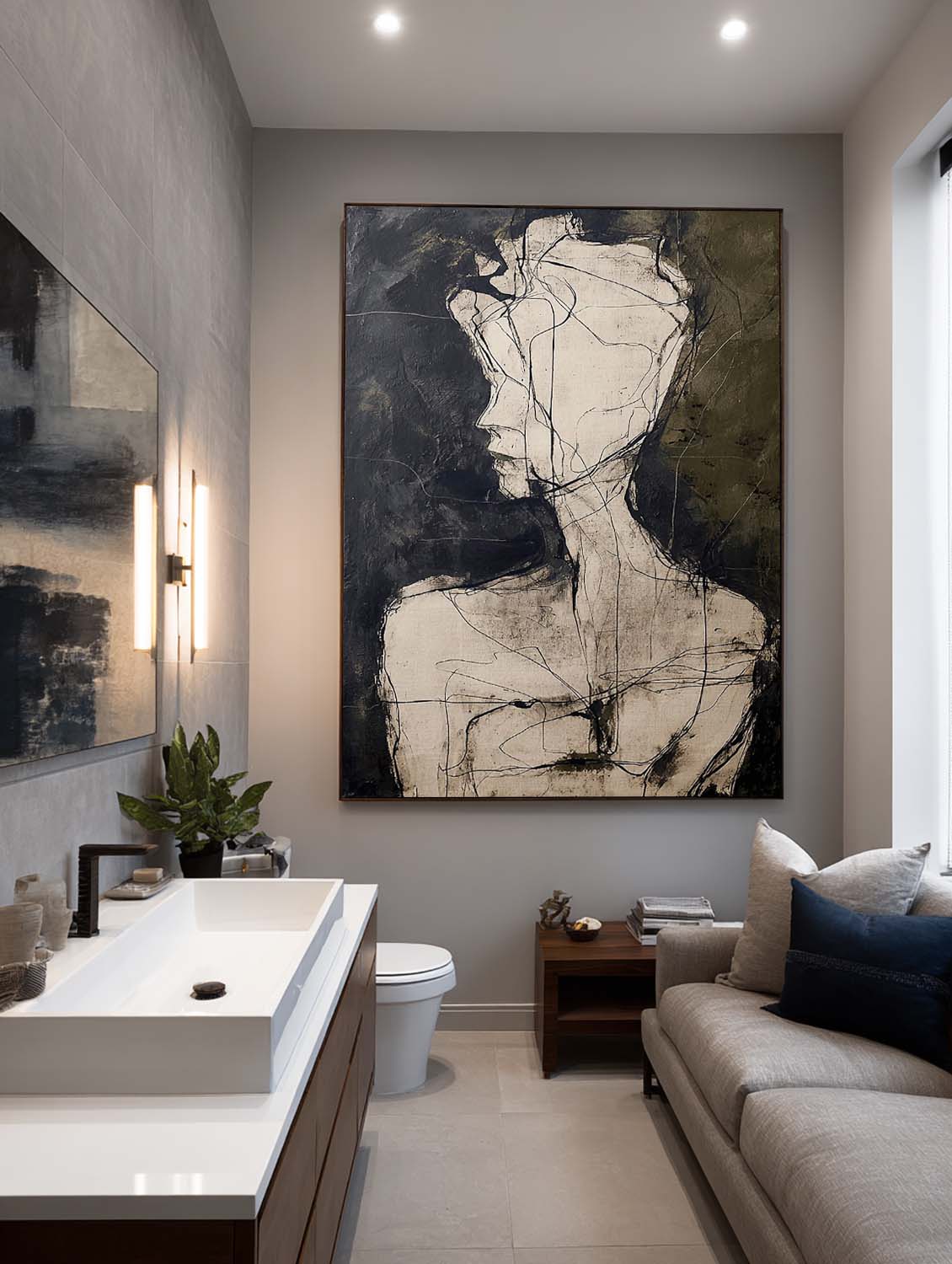 Contemporary Black and Beige Minimalist Figure Painting Minimalist Figurative Wall Art Organic Line Drawing Oil Artwork