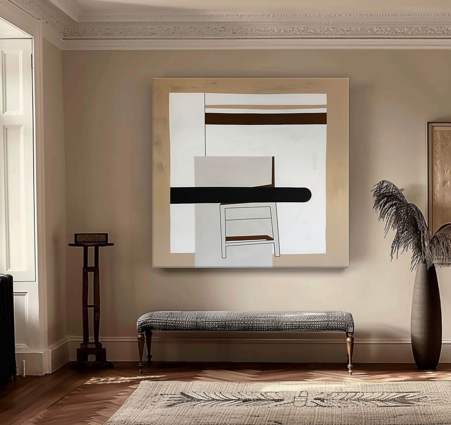 Large Retro Abstract Oil Painting Beige And Black Retro Wall Art Vintage Abstract Oil Painting