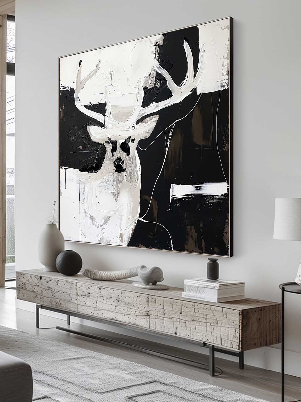 Vintage-Inspired Neutral Deer Painting Black And White Deer Painting Large Black And White Abstract Canvas Art