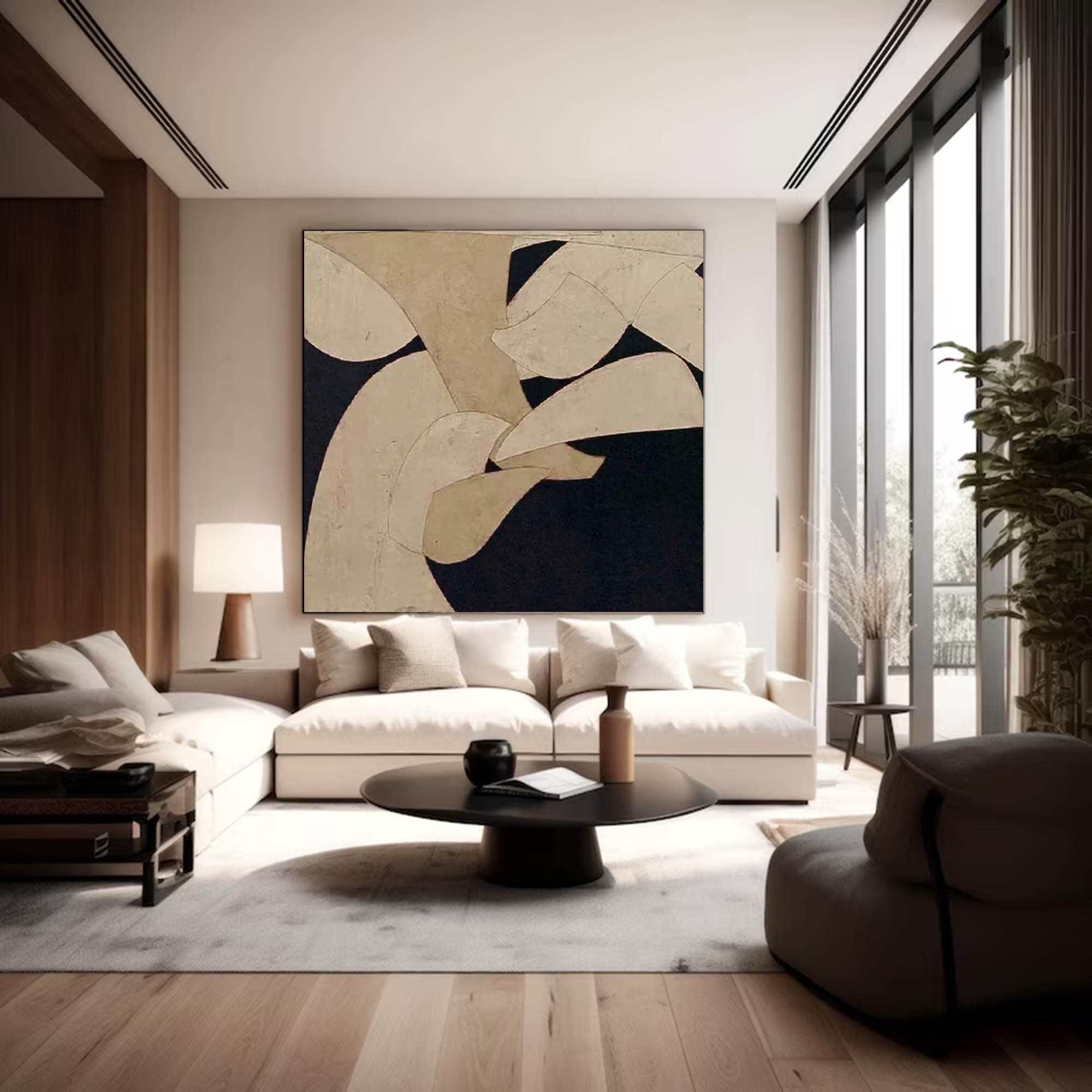 Neutral Beige & Black Painting On Canvas Large Minimalist Beige Canvas Painting