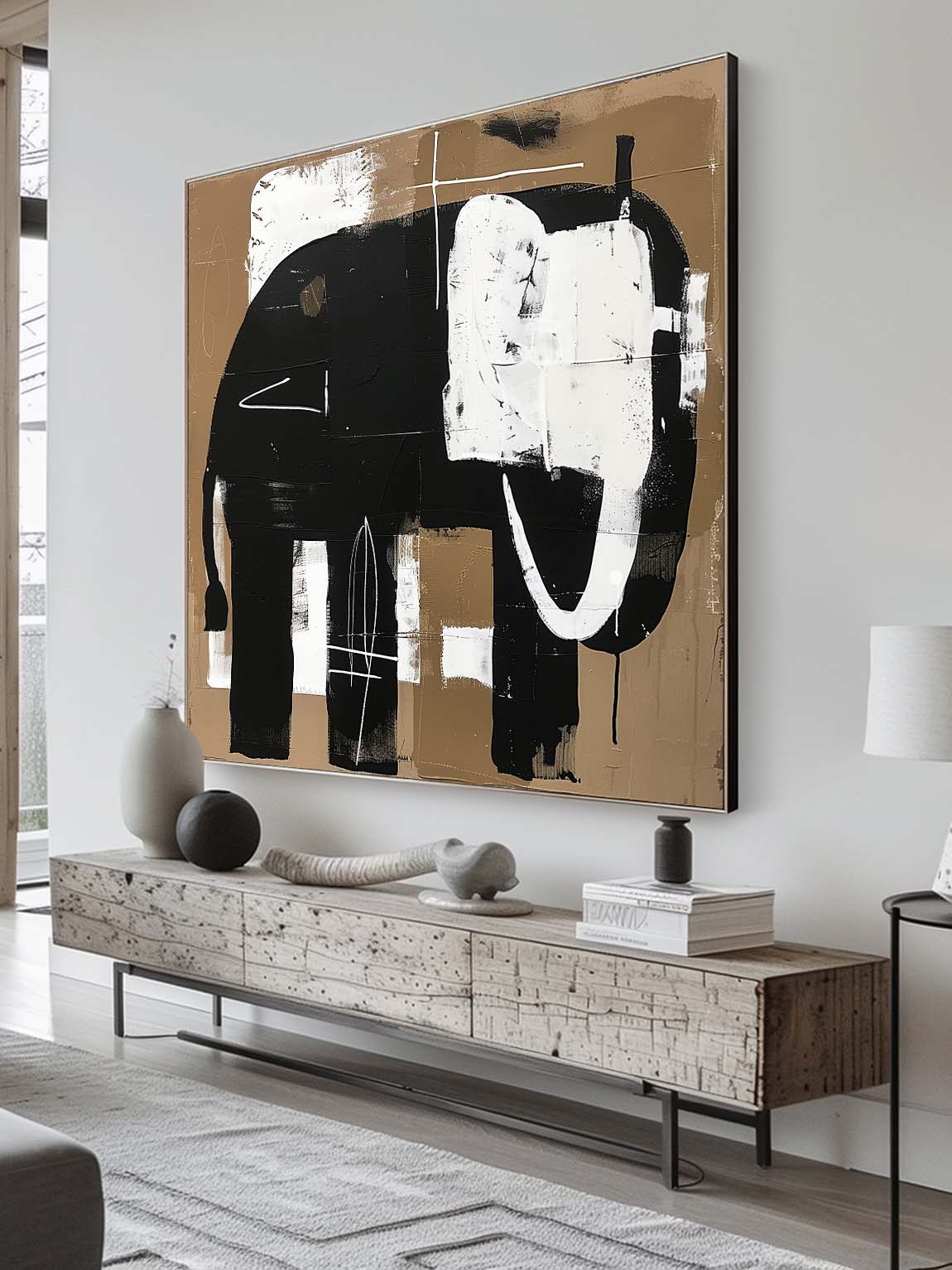 Vintage Elephant Wall Art On Canvas Large Neutral Abstract Acrylic Painting Original Vintage Elephant Painting