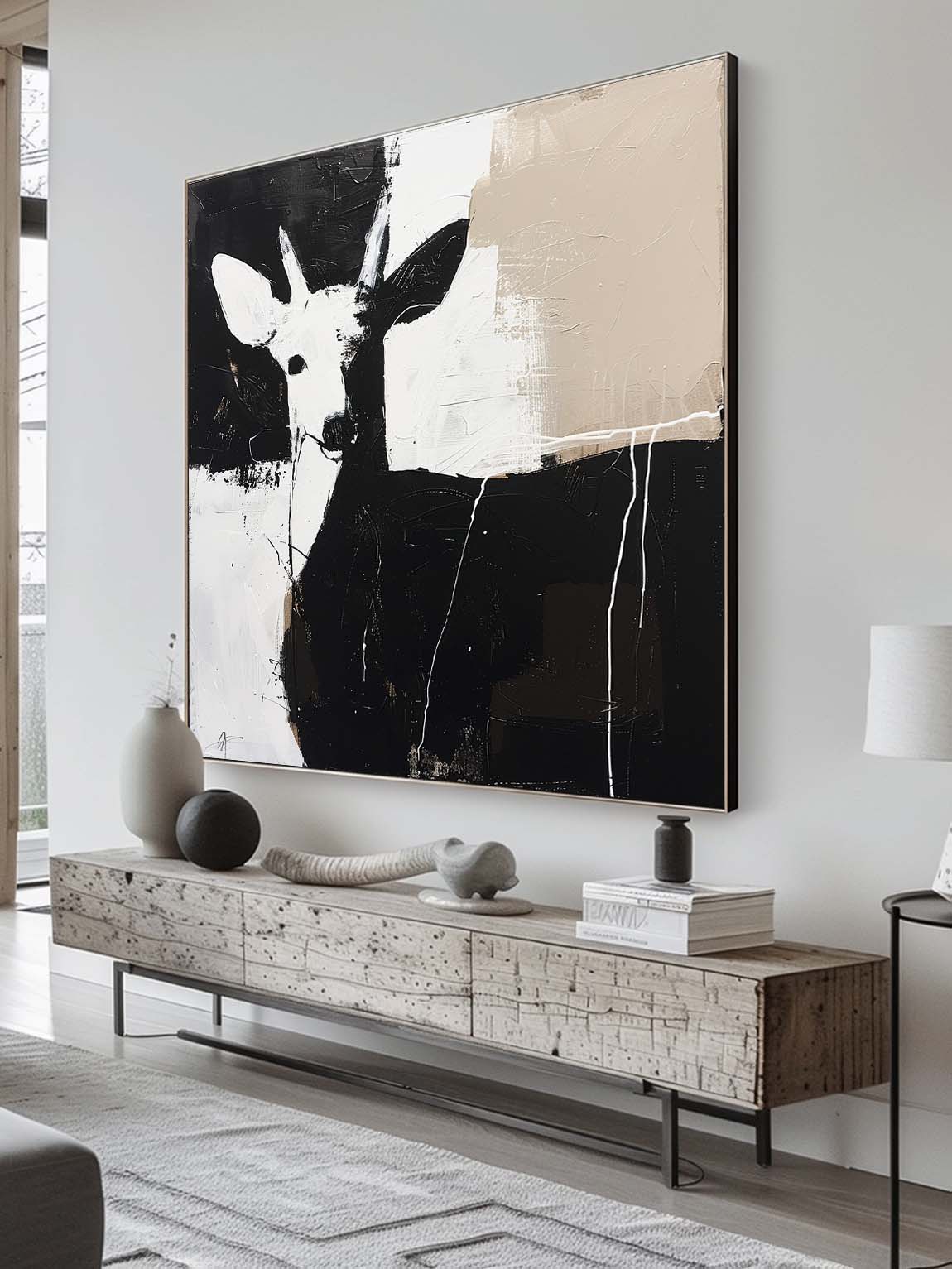 Retro Original Black And White Deer Painting Large Black And White Canvas Art Retro Minimalist Deer Painting On Canvas