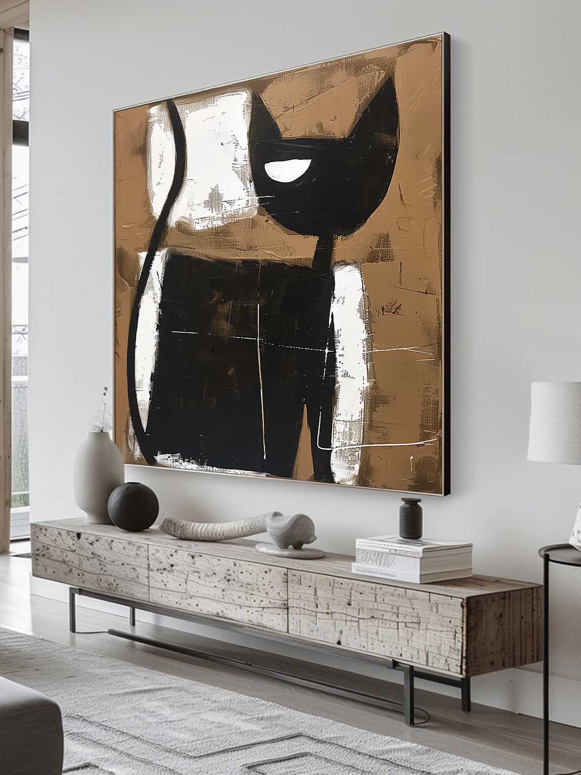 Retro Abstract Cat Painting Vintage Large Cat Wall Art Large Black And White Cat Painting Retro Neutral Home Decor