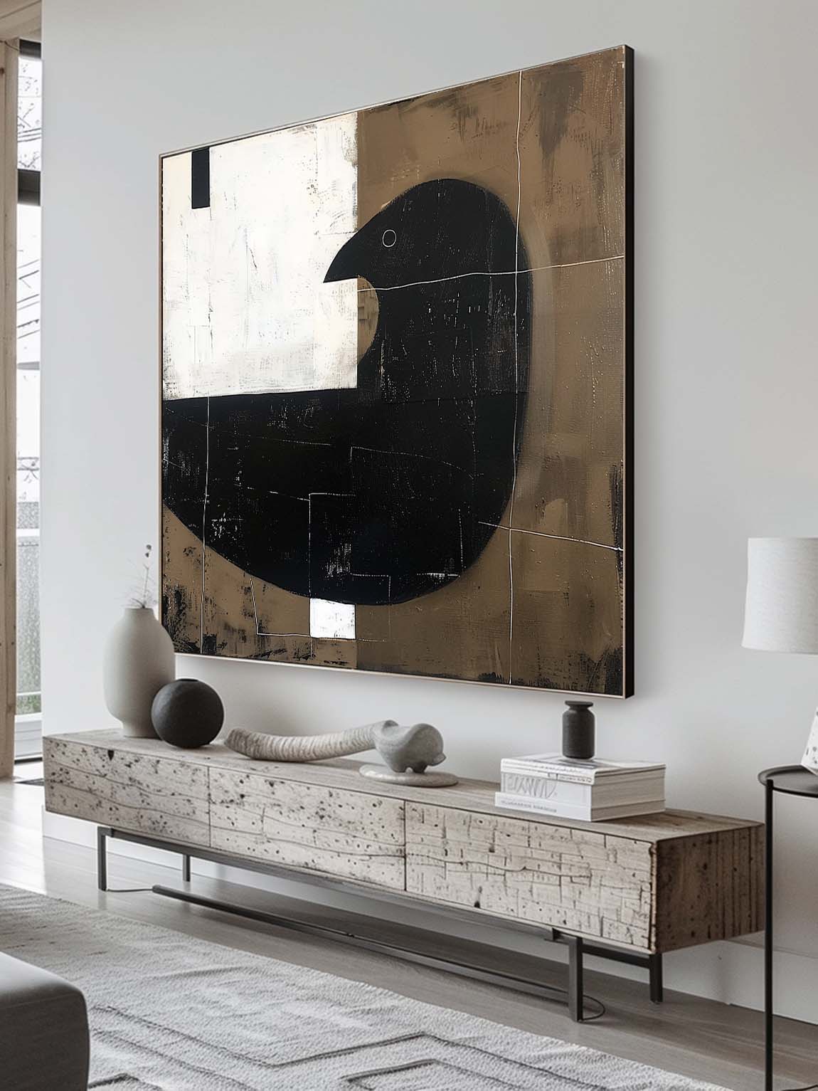 Vintage Black And White Dove Canvas Art Large Abstract Minimalist Bird Painting Retro Dove Wall Art