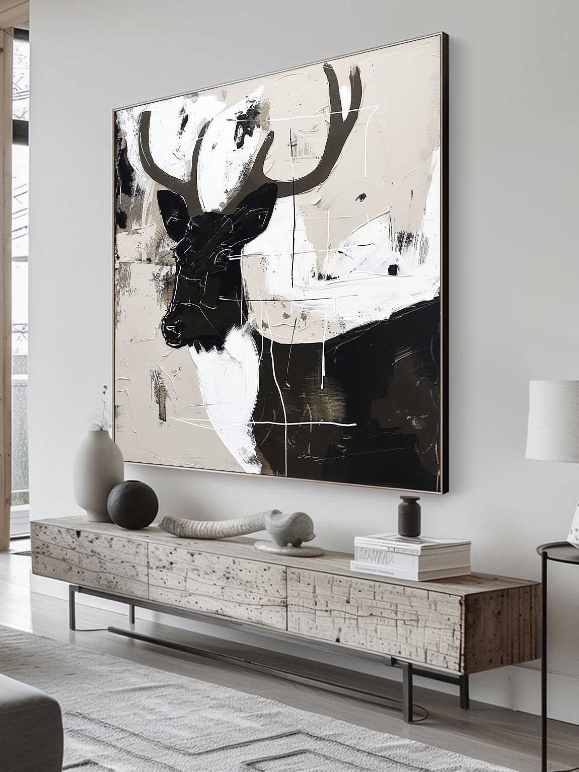 Vintage Black And White Abstract Deer Neutral Wall Art Acrylic Painting Vintage Canvas Wall Art Large Neutral Decor
