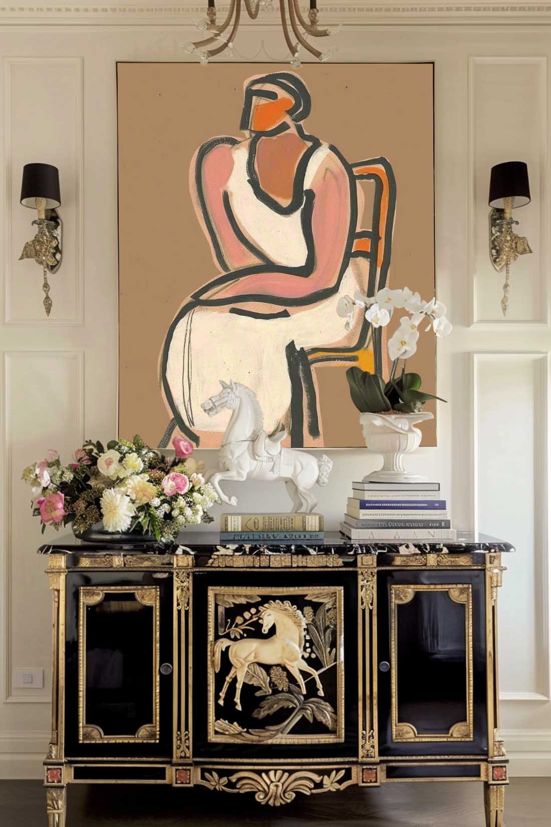 Sitting Retro Woman Oil Painting Original Vintage Beauty Art Painting Antique Original Oil Painting
