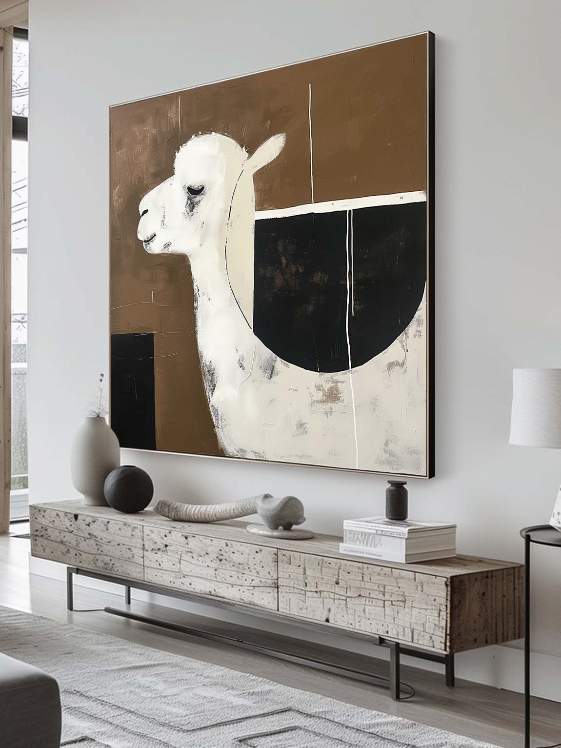 Vintage Black and White alpaca Painting on Canvas Neutral Background Wall Art Retro Abstract alpaca Art
