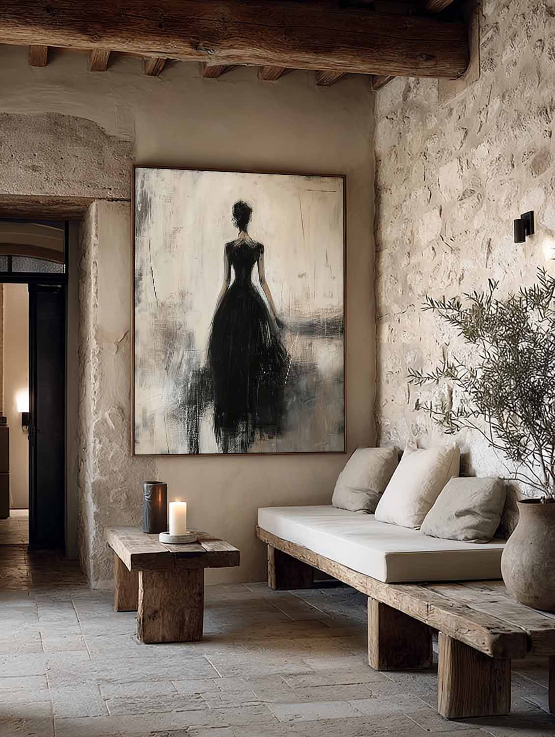 Contemporary Lady Painting In Black Dress Black Wabi-Sabi Abstract Painting Beige And Black Lady Canvas Art