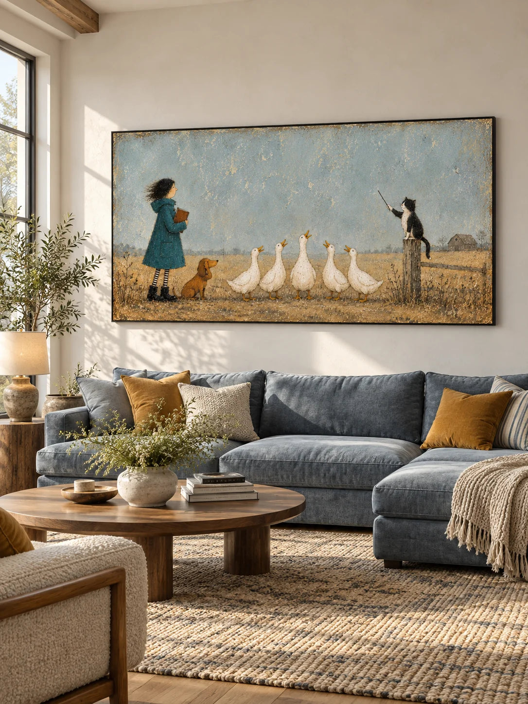 Whimsical Cat And Duck Farm Animal Canvas Painting Hand Painted Wall Art