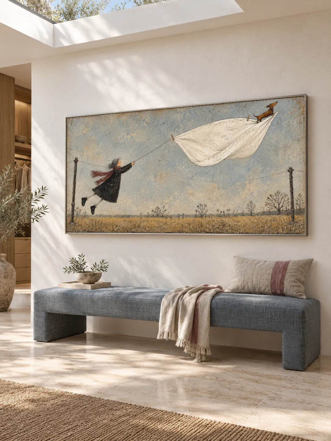 Whimsical Flying Dog Wall Art Hand Painted Playful Laundry Day Canvas Painting