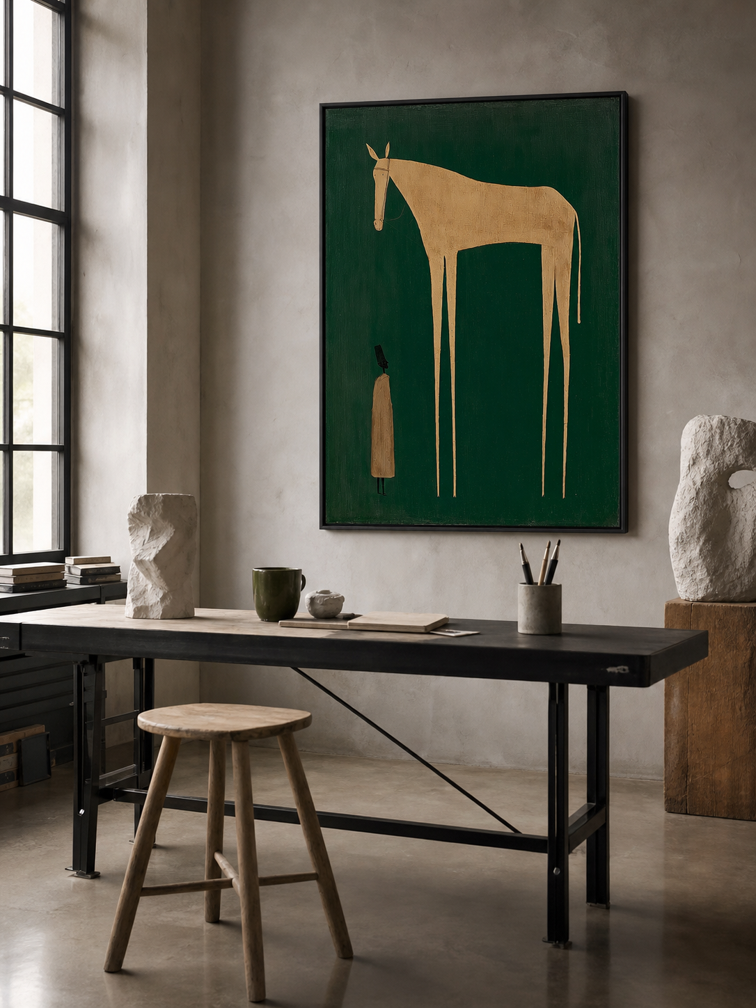 Unique Beige Horse And Figure Painting Original Canvas Art For Home Wall