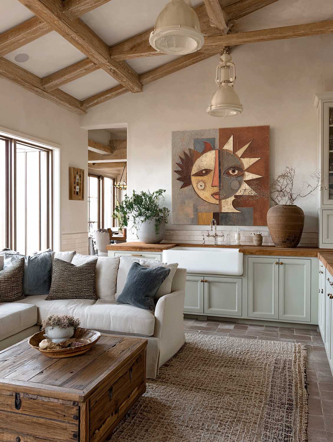 Hand Painted Geometric Portrait On Linen Canvas With Refined Brushwork Texture