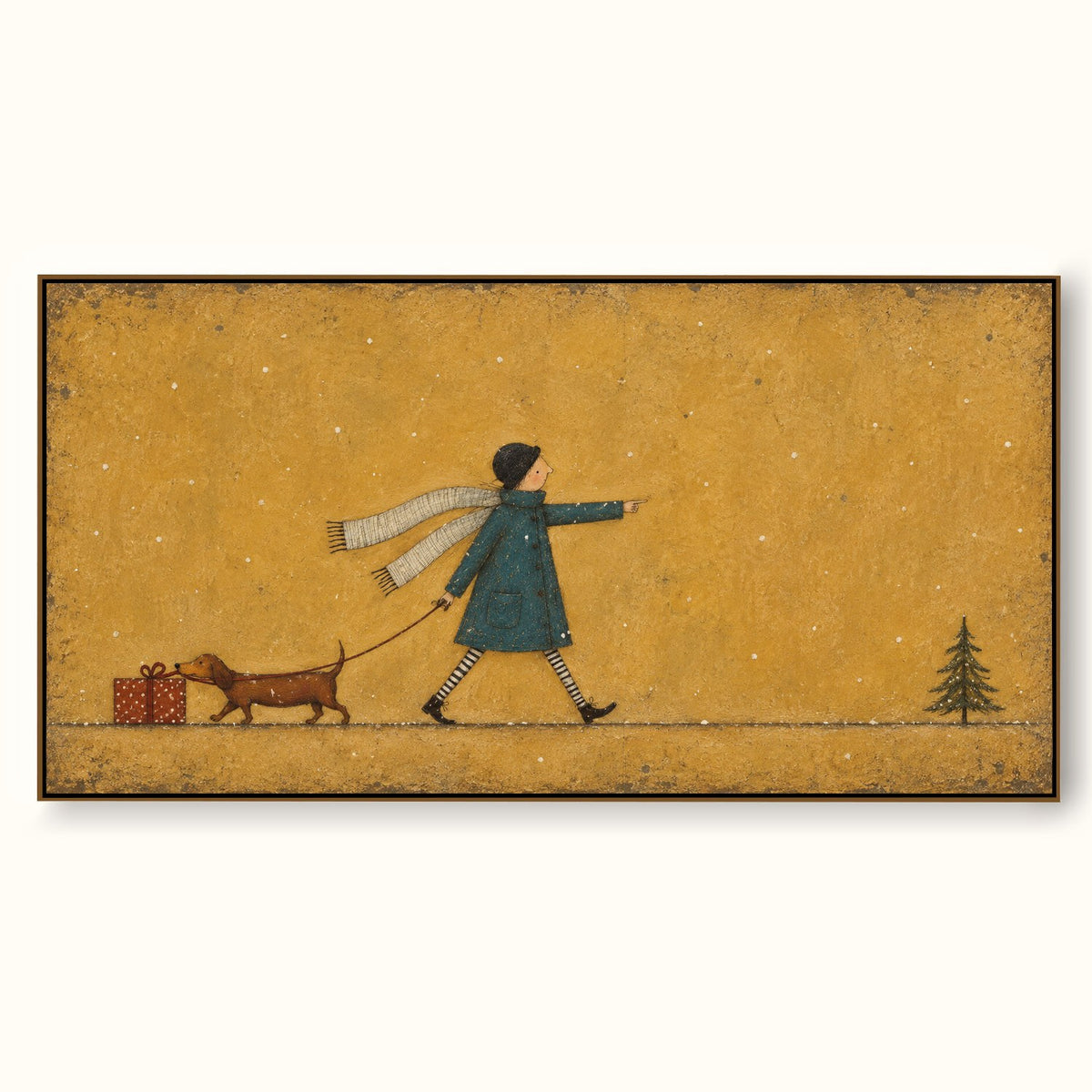 Hand Painted Dog Walk Wall Art Minimalist Playful Christmas Canvas Artwork Painting