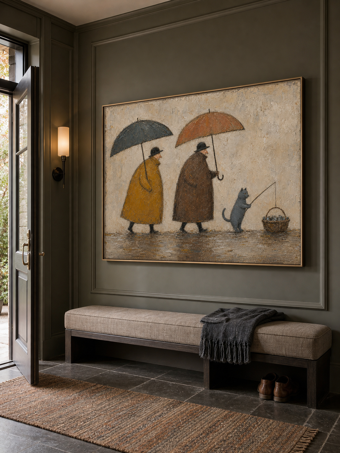Whimsical Cat Fishing Canvas Art Umbrella Walk Vintage Rainy Oil Painting