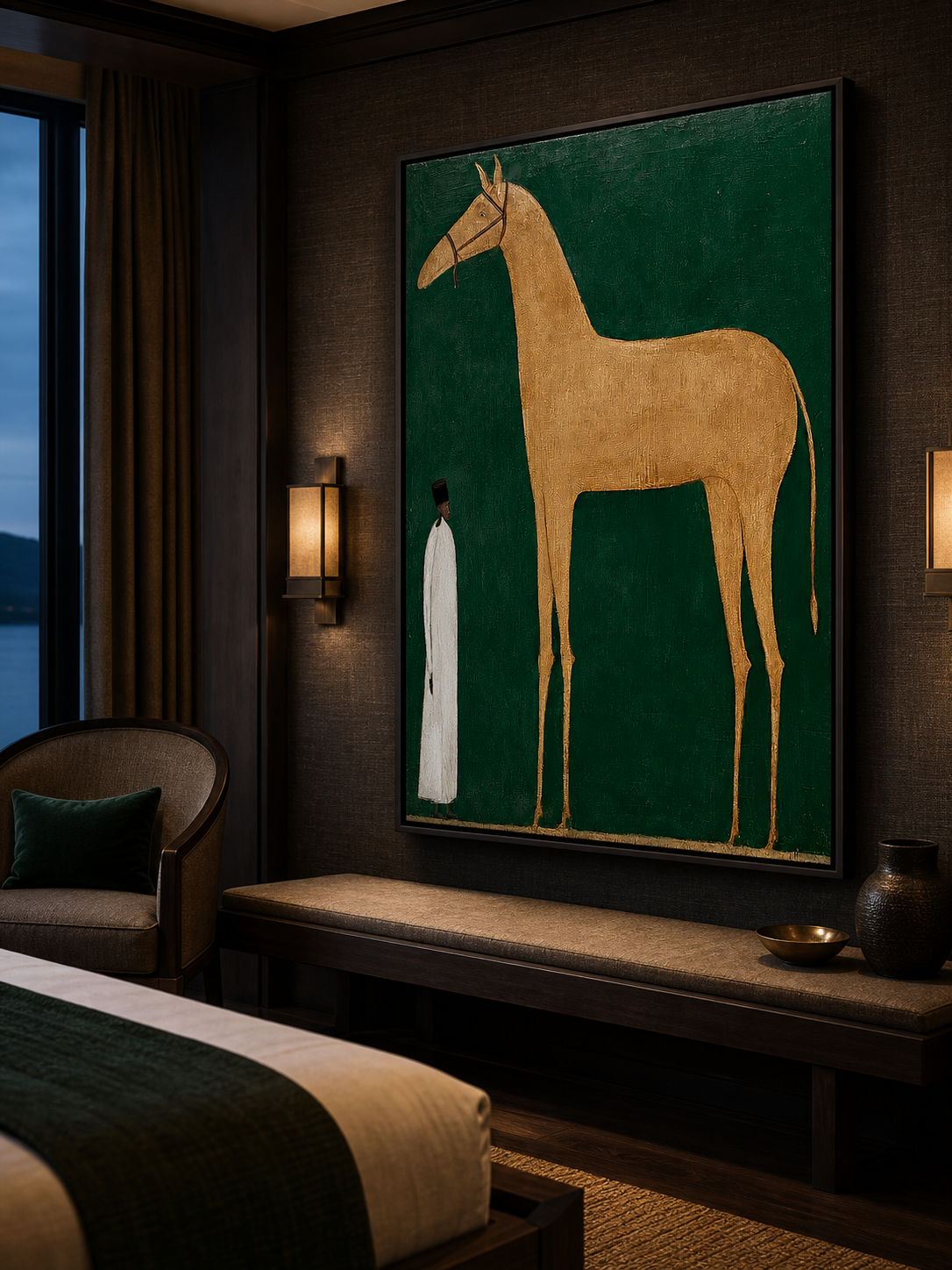 Vintage Minimalist Horse Painting With Figure In Green And Beige For Modern Living Room Decor