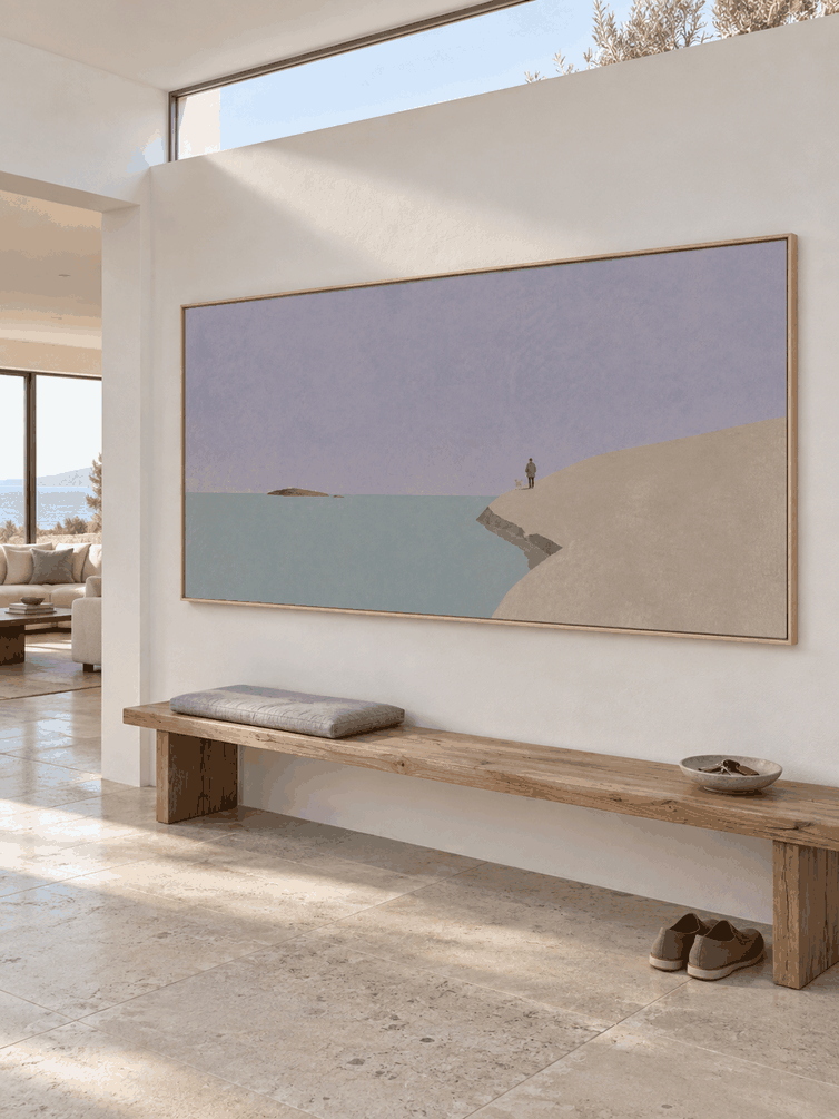Minimalist Blue Sea And Beige Cliff Wall Art For Calm Modern Bedroom Decor