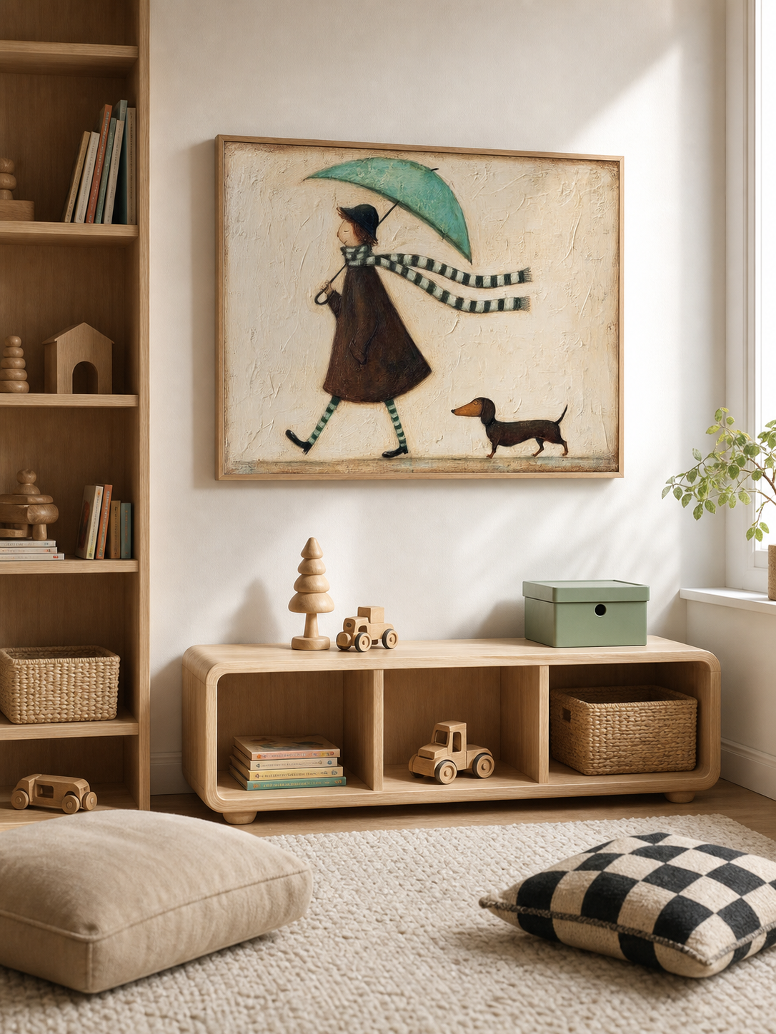 Abstract Minimalist Oil Painting Of Girl With Dog And Umbrella In Beige Tones For Modern Home Decor