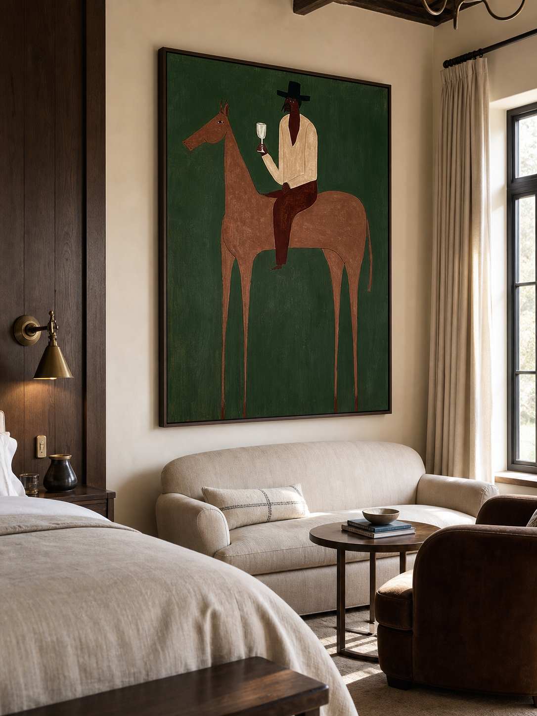 Vintage Minimalist Horse Oil Painting Framed Green Canvas Wall Art For Bedroom Sanctuary