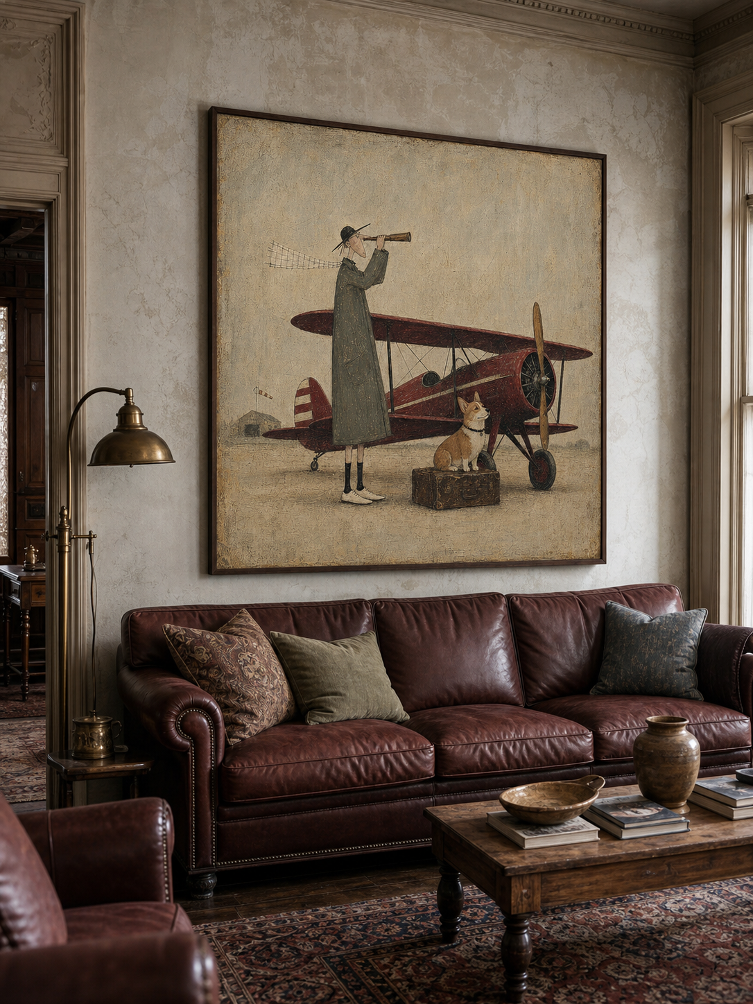 Vintage Airplane And Dog Painting For Travel Lovers Home Decor Art