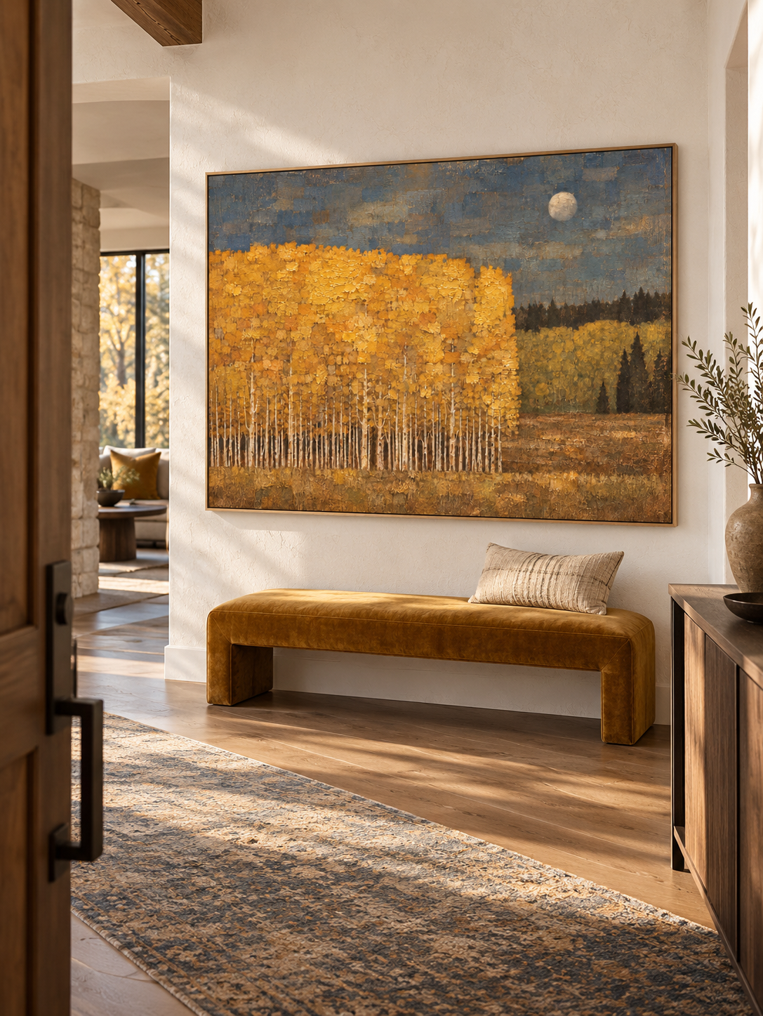 Large Autumn Birch Forest Oil Painting Contemporary Moonlit Landscape Art Artwork