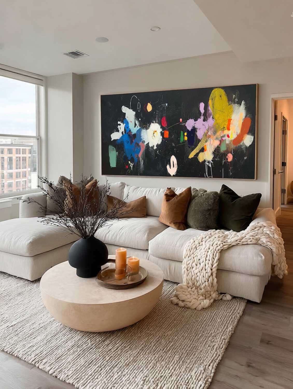 Large Horizontal Abstract Painting With Vibrant Colors On Black Canvas